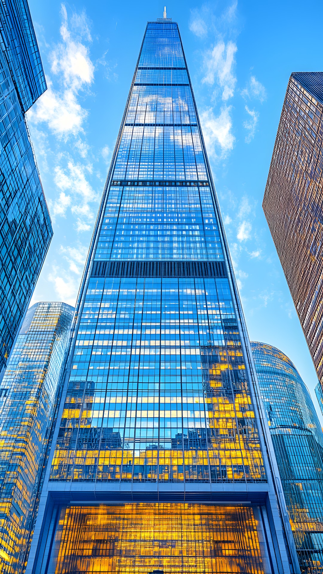 Blue, Skyscraper, Daytime, Building, High-rise building, Urban area, City, Metropolitan area, Commercial building, Architecture, Metropolis, Glass, Landmark, Tower, Composite material, Reflection, Condominium, Engineering, Headquarters, Mixed-use