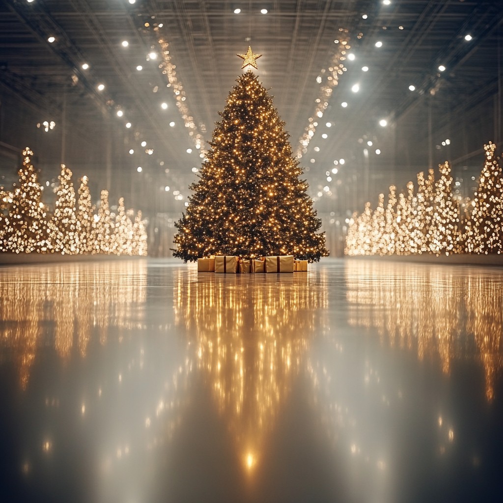 Christmas tree, Light, Water, Lighting, Branch, Tree, Plant, Evergreen, Larch, Woody plant, Christmas decoration, Tints and shades, Midnight, Electricity, Event, Building, Holiday, Darkness, Winter, Reflection