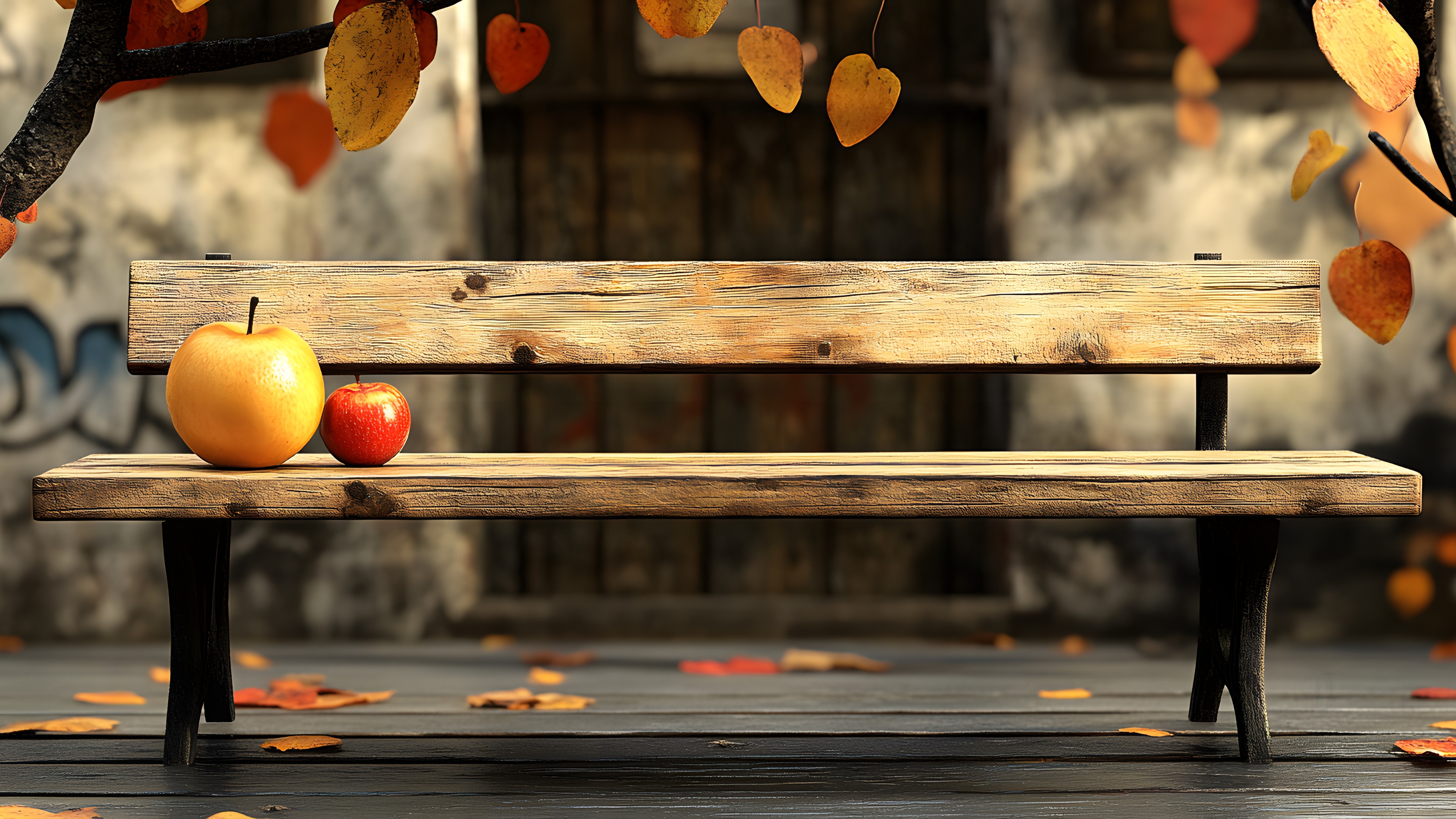 Outdoor Bench, Wood, Bench, Yellow, Brown, Outdoor furniture, Autumn, Plank, Wood stain, Hardwood, Still life photography, Shadow