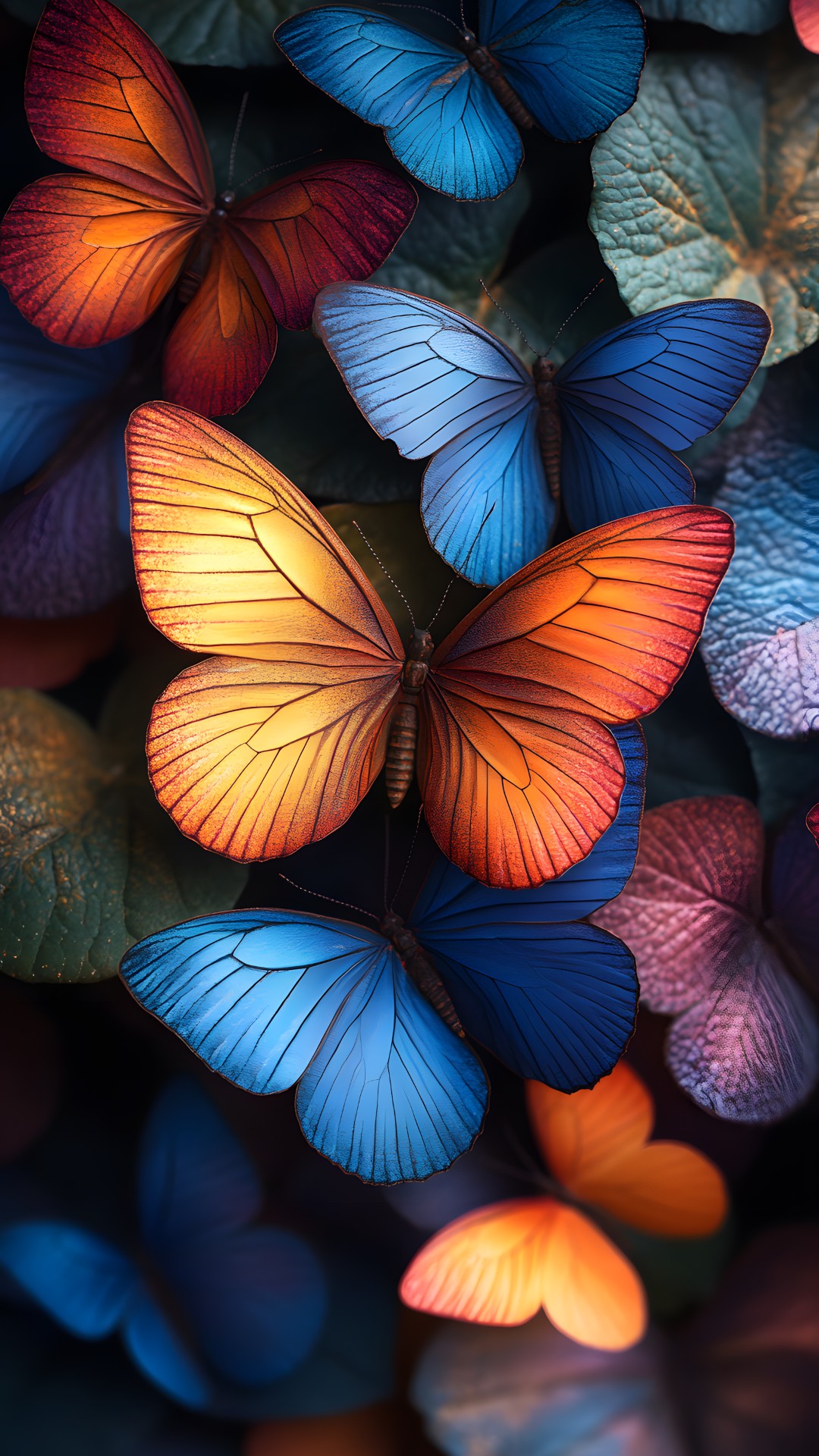 Colorfulness, Light, Azure, Blue, Botany, Orange, Petal, Purple, Organism, Line, Red, Tints and shades, Electric blue, Symmetry, Pattern, Close-up, Magenta, Macro photography, Glass, Darkness