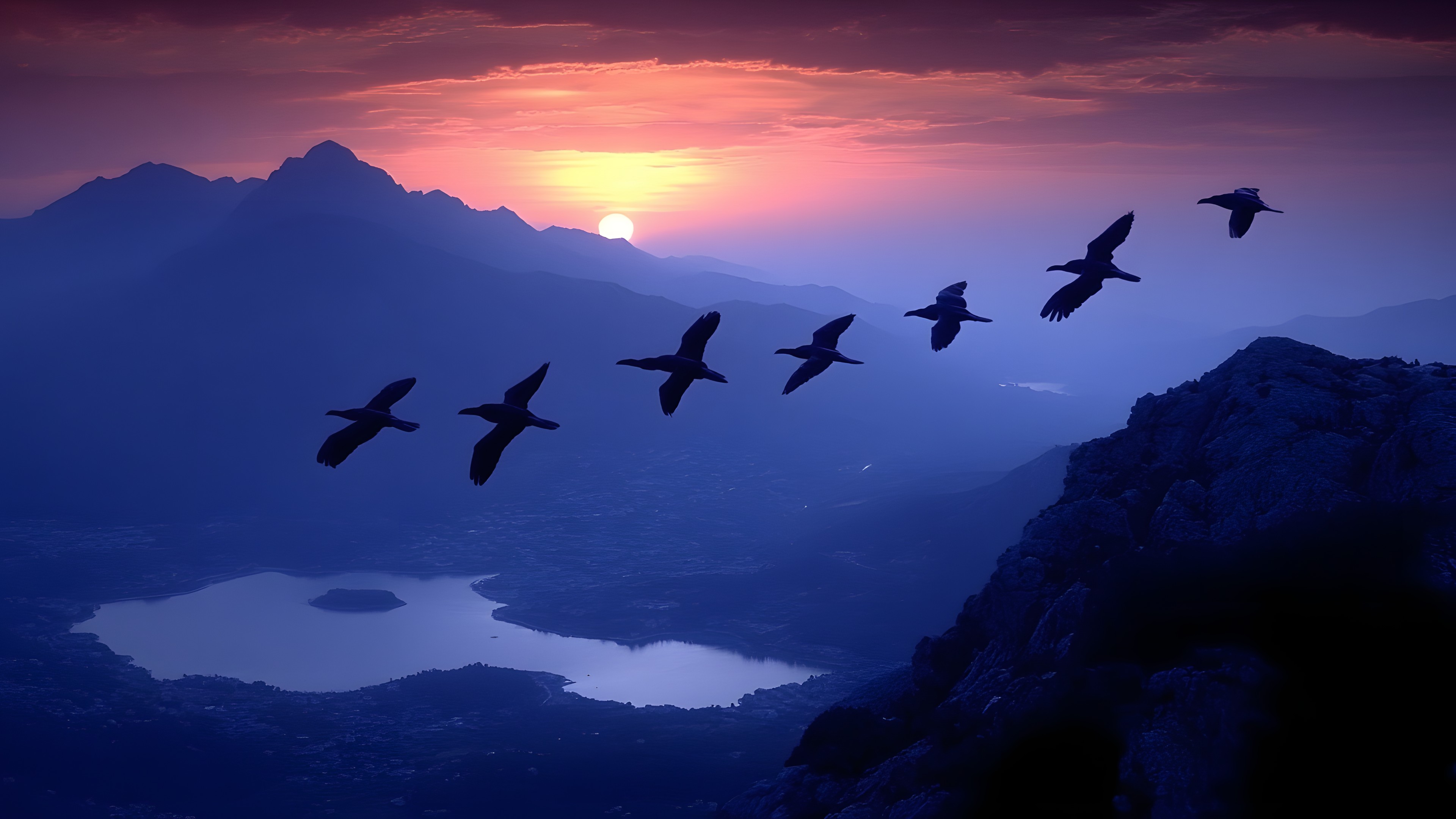 Bird, Vertebrate, Wing, Bird migration, Dusk, Flight, Animal migration, Beak, Mountain range, Feather, Flock, Evening, Ridge, Sunset, Afterglow, Alps, Seabird, Sunrise, Summit, Red sky at morning