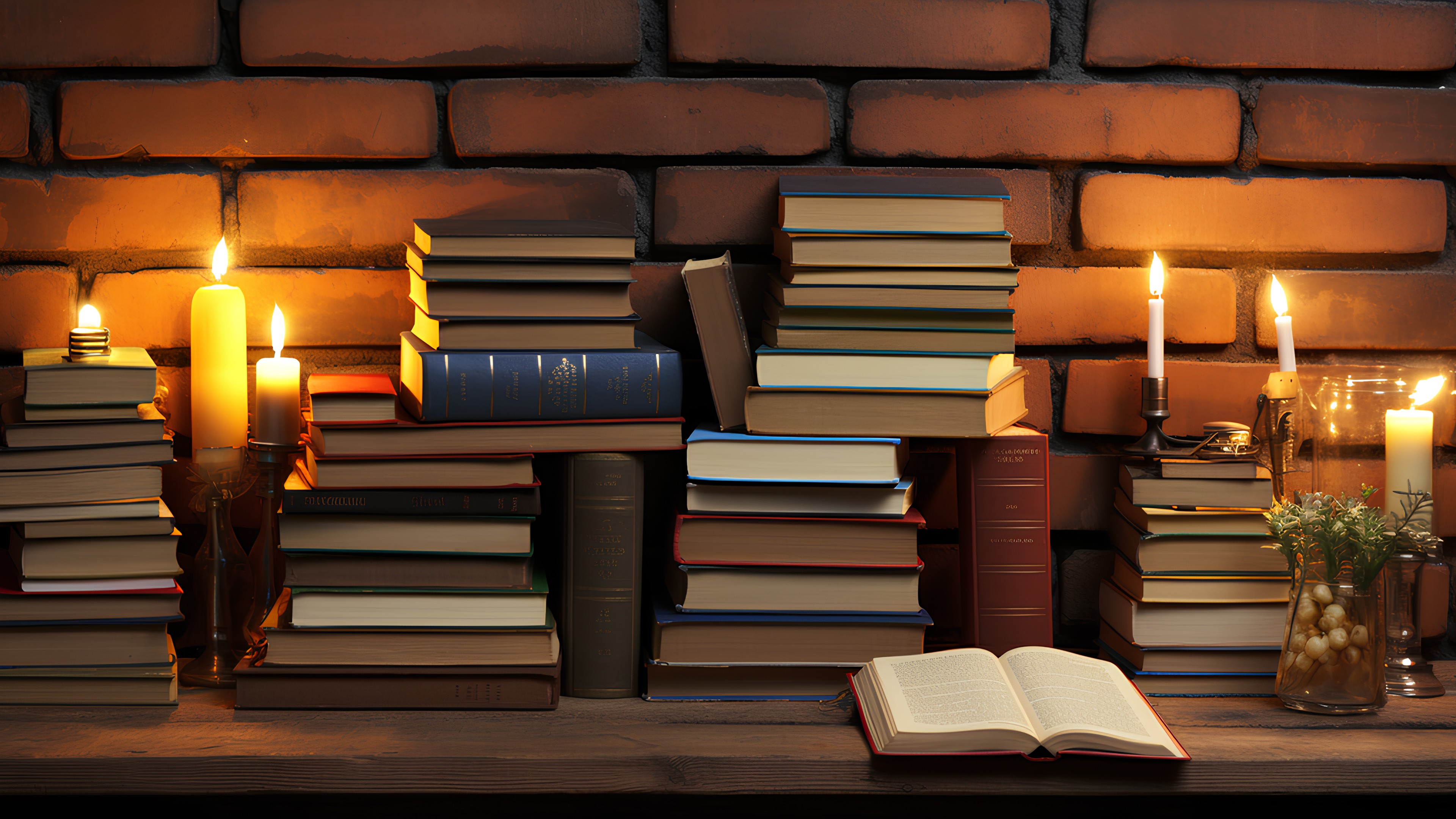 Light, Book, Lighting, Wood, Publication, Bookcase, Wall, Lamp, Shelving, Living room, Tints and shades, Candle, Flooring, Hardwood, Flowerpot, Event, Brick, Rectangle, Shade, Brickwork