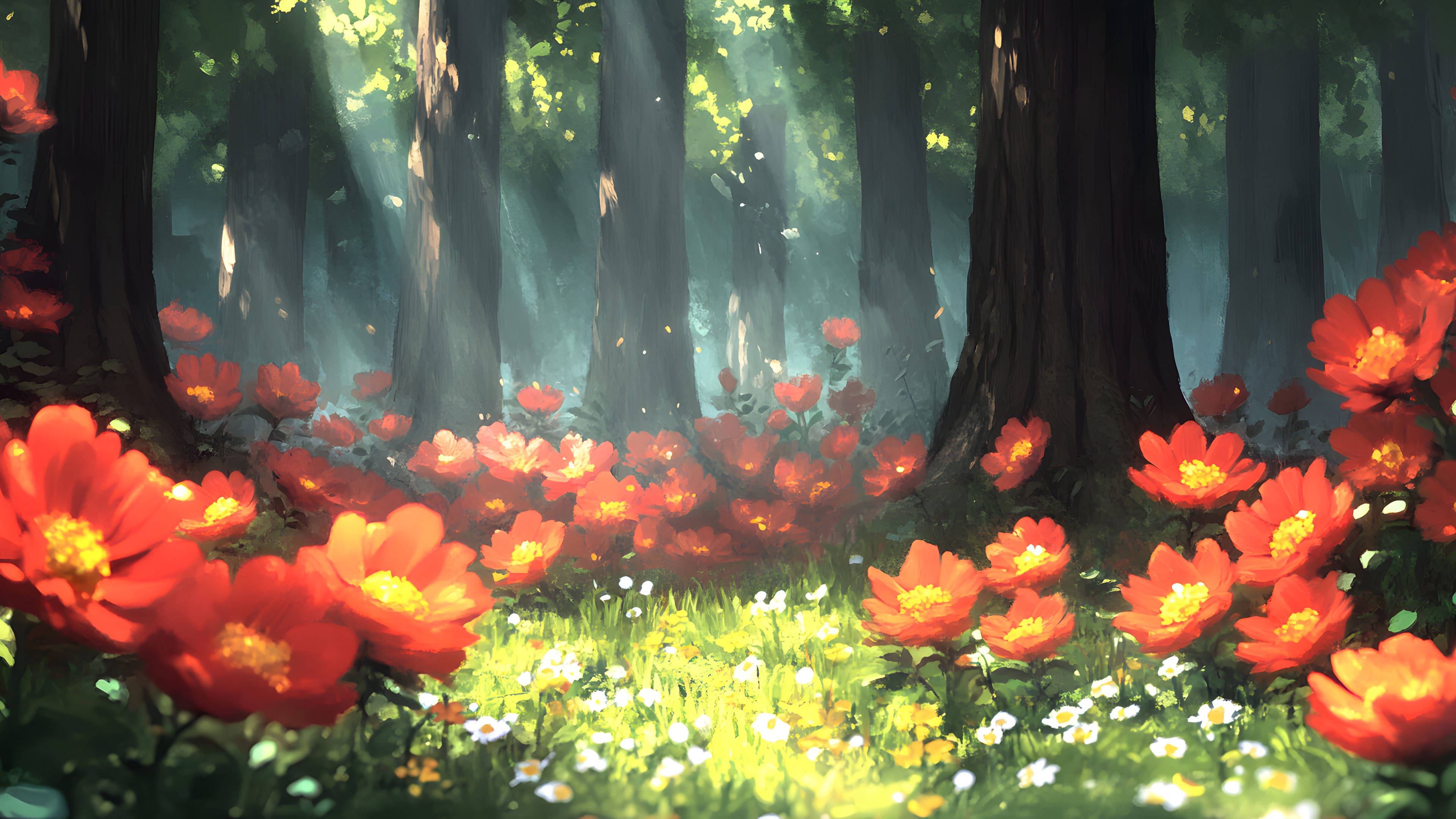 Flower, Red, Petal, Forest, Jungle, Wildflower, Acrylic paint, Autumn, Animation, Old-growth forest, Watercolor painting