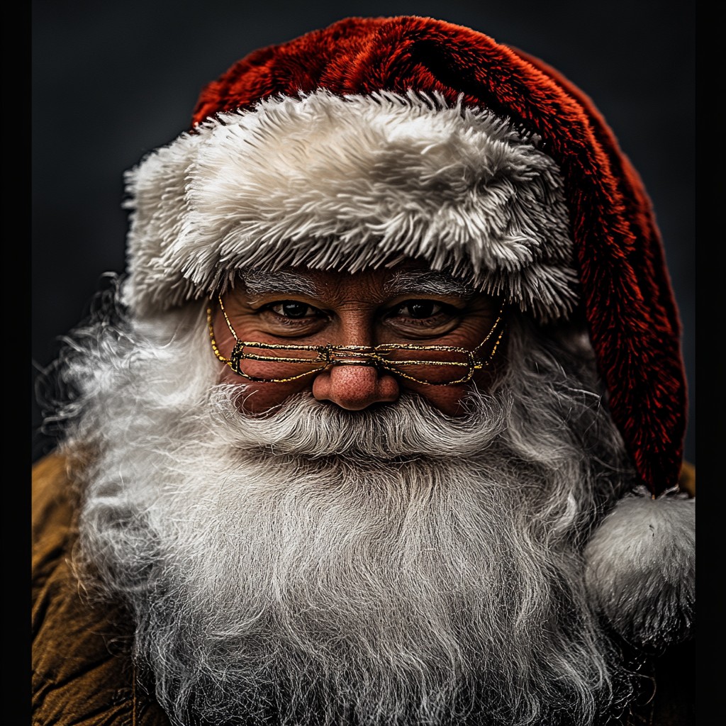 Facial hair, Beard, Moustache, Santa Claus, Headgear, Wrinkle, Facial expression, Hat, Fictional character, Fur clothing, Christmas Day, Costume Hat, Portrait photography, Pleased, Happiness, Elder, Fur, Flesh, Christmas Eve