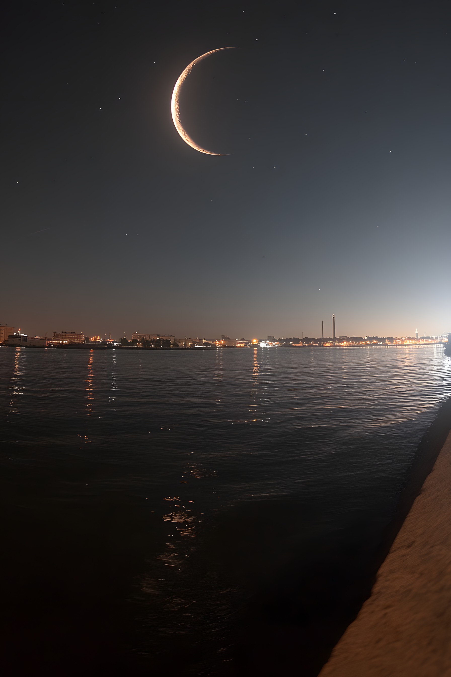 Moon, Water resources, Astronomical object, Night, Crescent, Liquid, Moonlight, atmospheric phenomenon, Midnight, Celestial event, Sea, Dusk, Reflection, Astronomy, Evening, Coast, Eclipse, Beach, Science, Lunar eclipse