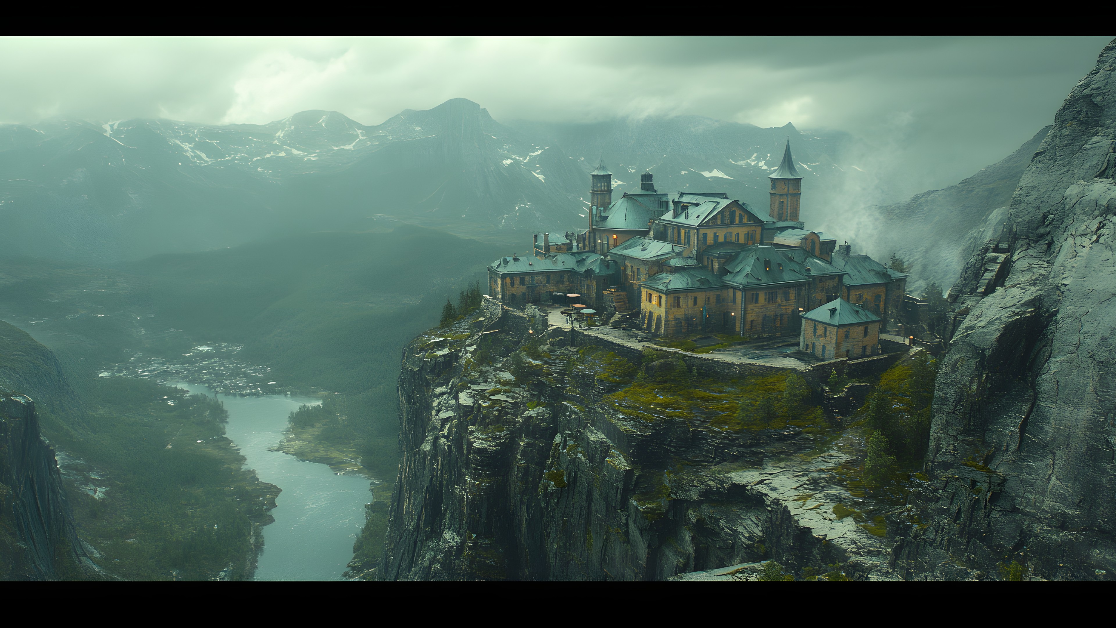 Castle, Valley, Mountain range, Game, Château, Spire, Digital compositing, PC game, Mountain Village, Cliff, Monastery, Mountain river, Water castle, Lake District, Steeple, Panorama, Mist