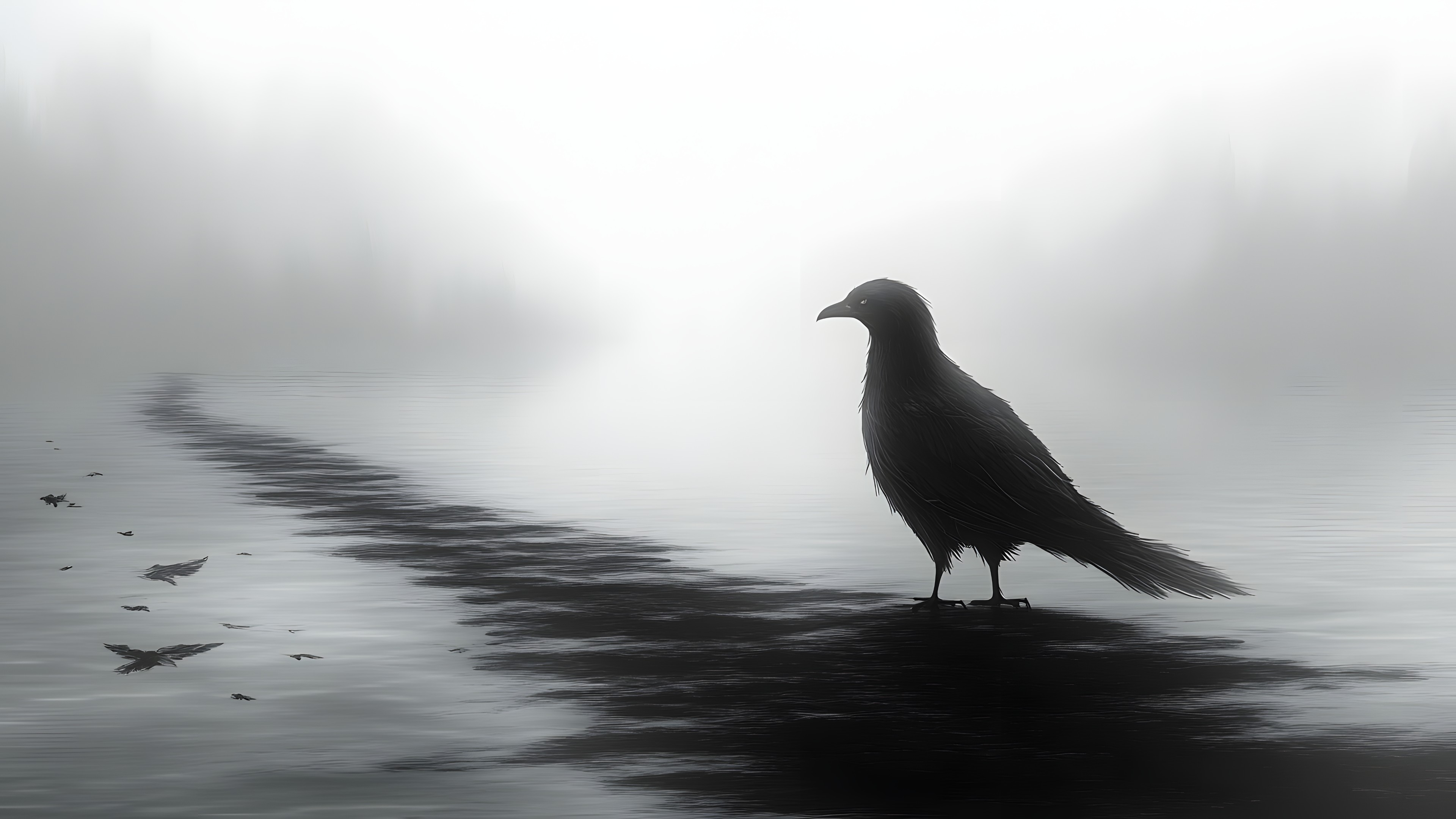 Bird, Beak, Vertebrate, Wing, Monochrome photography, Black, atmospheric phenomenon, Feather, Mist, Black and white, Grey, Monochrome, Fog, Haze, Reflection, Pigeons and doves, Peace, Seabird, Crow family, Tail