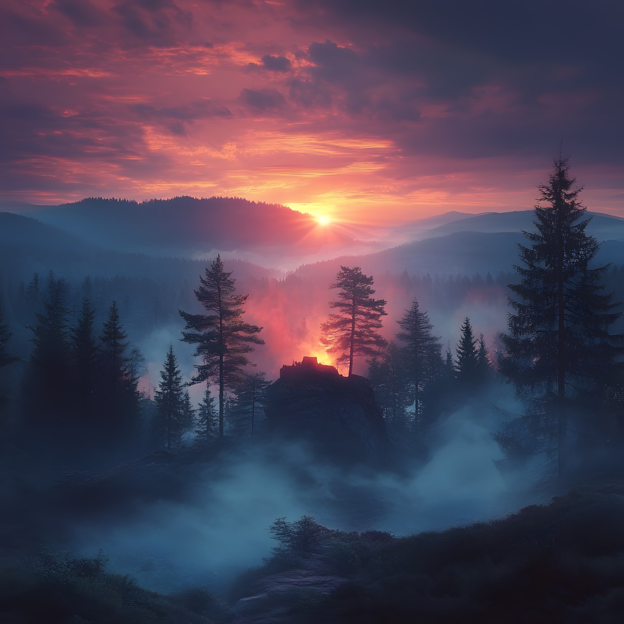 Nature, atmospheric phenomenon, Afterglow, Natural landscape, Dusk, Cloud, Sunrise, Sunset, Forest, Mist, Red sky at morning, Wilderness, Evening, Orange, geological phenomenon, Morning, Hill station, Fog, Sunlight, Dawn