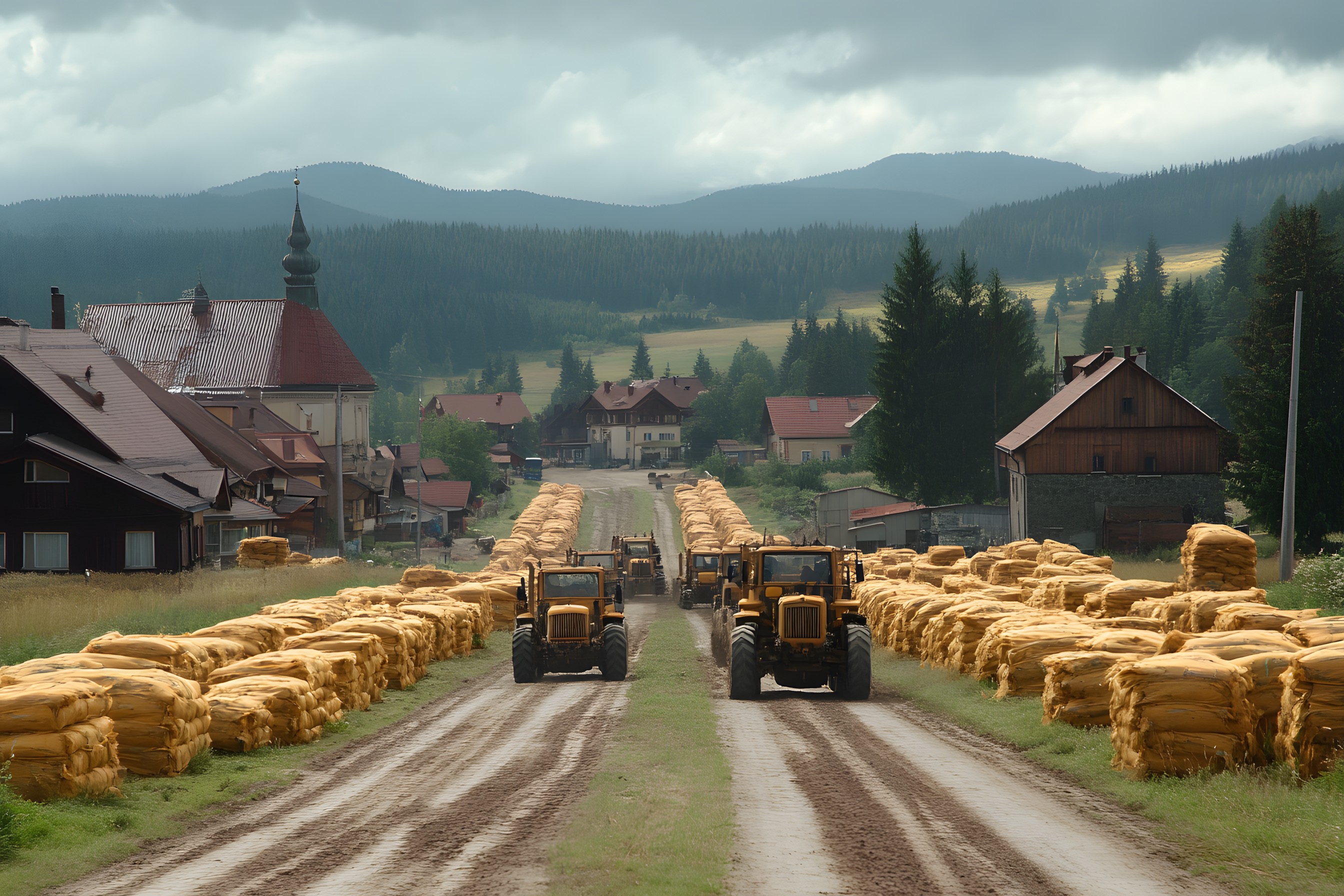 Mountainous landforms, Hill, Highland, Rural area, Hill station, Field, Agriculture, Agricultural machinery, Mountain range, Hay, Village, Truck, Valley, Pasture, Meadow, Farm, Ranch, Plantation, Croft