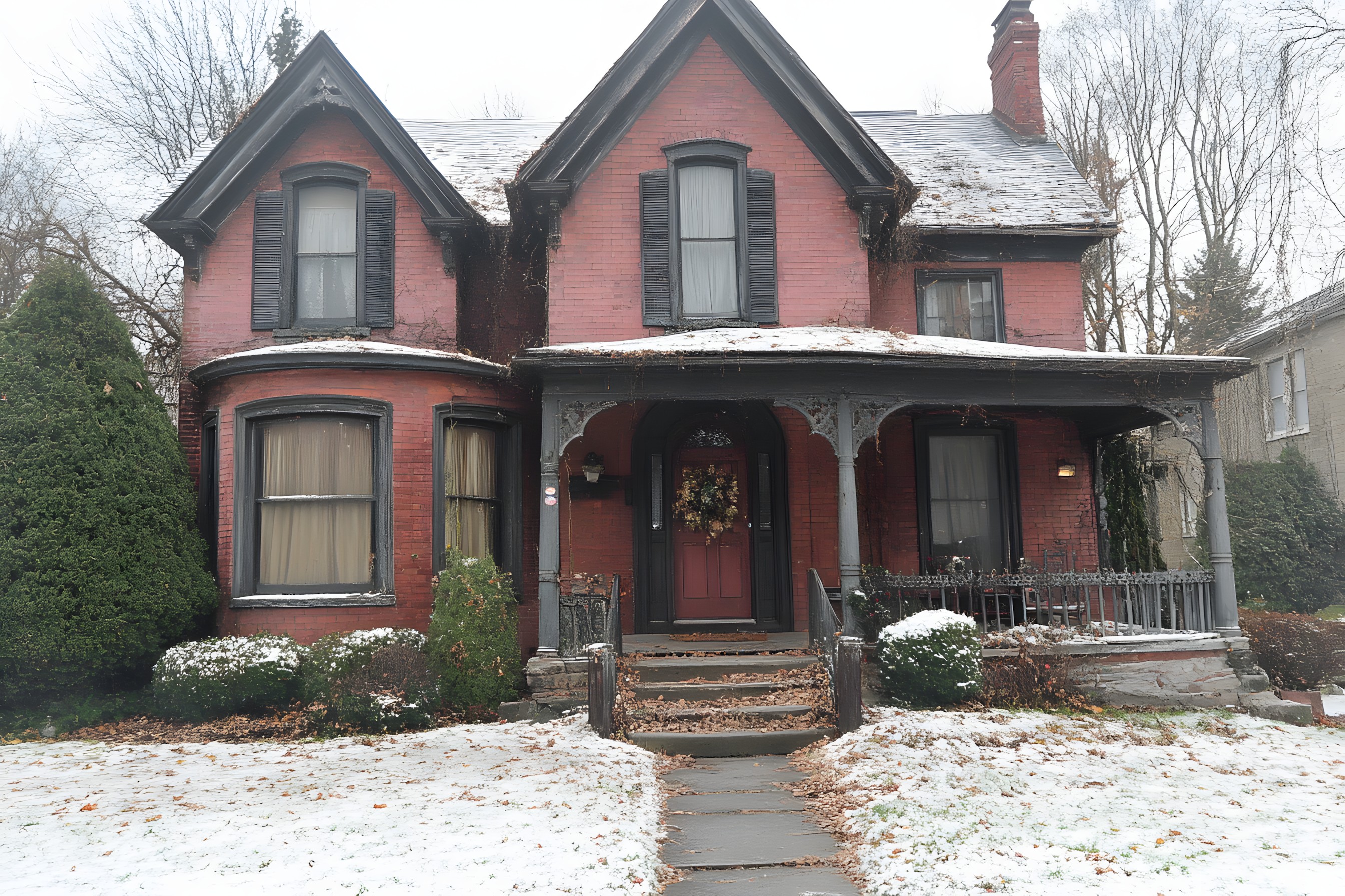 House, Home, Door, Residential area, Brick, Roof, Cottage, Siding, Brickwork, Sash window, Estate, Freezing, Yard, Historic house, Stairs, Paint, Porch, Snow, Winter, Mansion