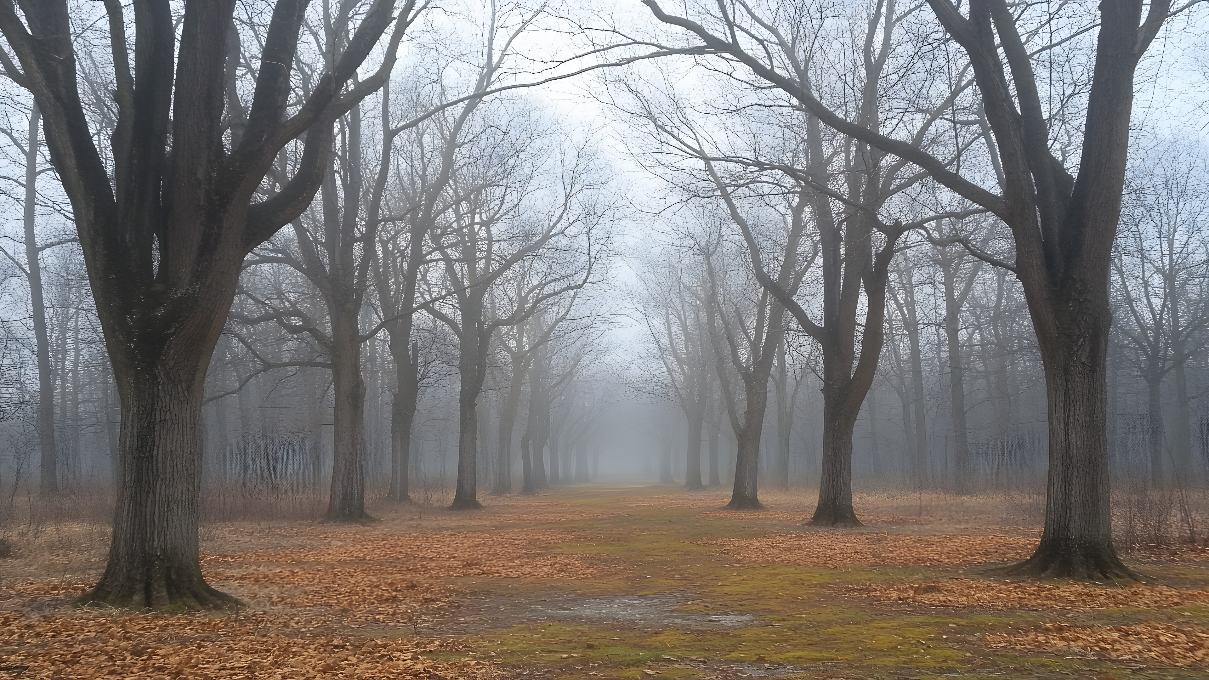 atmospheric phenomenon, Fog, Branch, Wood, Mist, Brown, Haze, Forest, Twig, Trunk, Morning, Autumn, Woodland, Woody plant, Sunlight, Northern hardwood forest, Grove, Old-growth forest, Temperate broadleaf and mixed forest