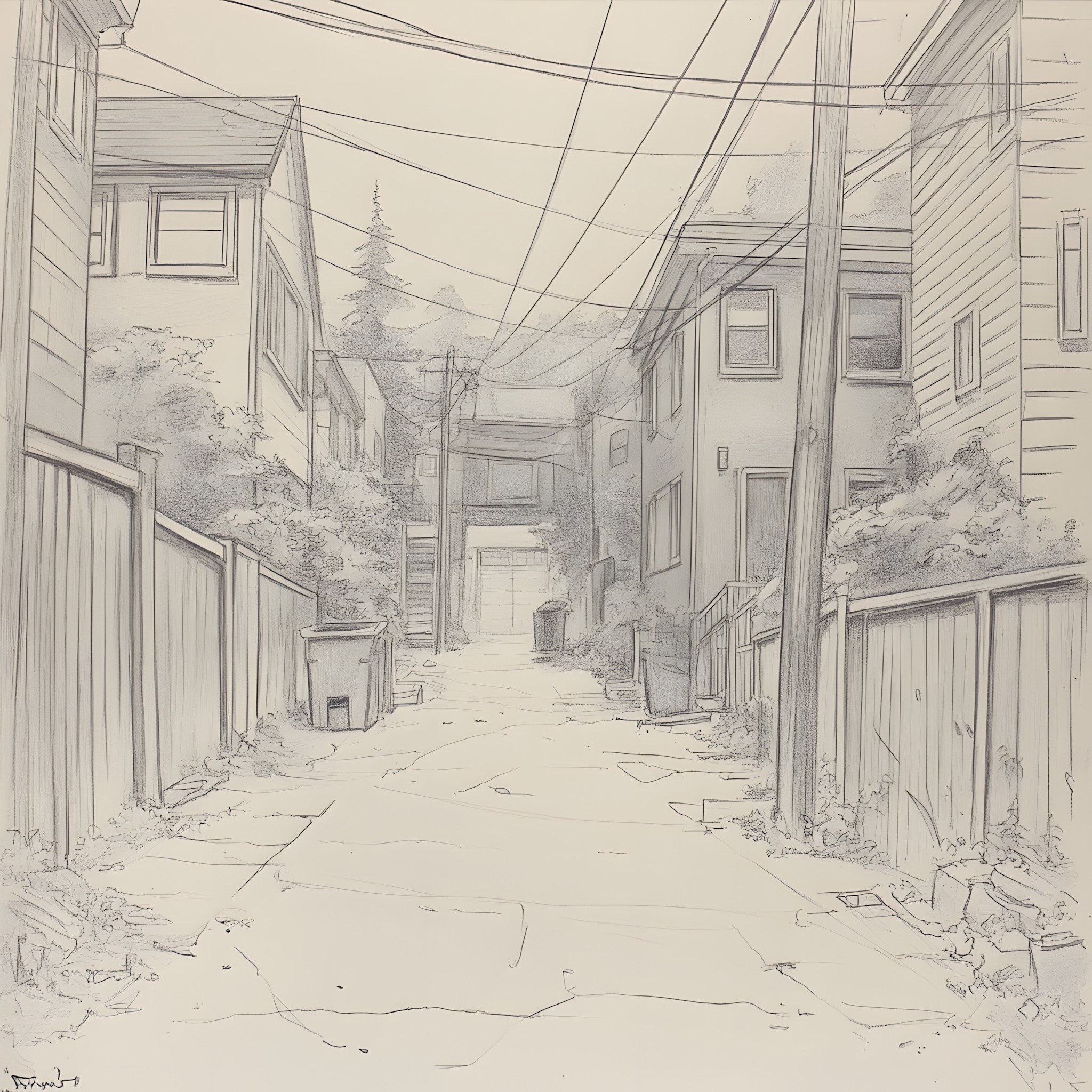 Alley, Paint, Sketch, Overhead power line, Line art, Wire, Walkway