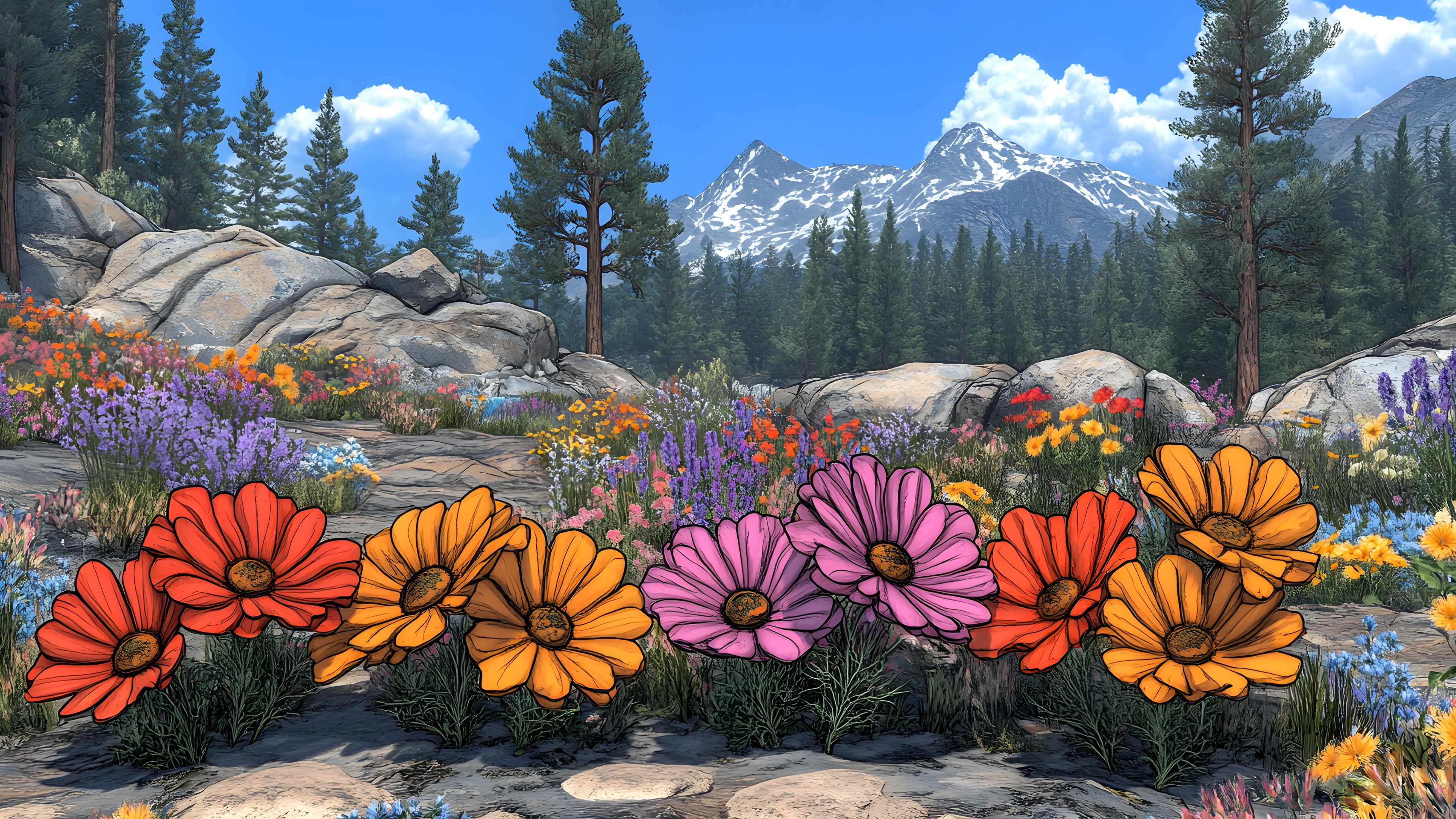 Flower, Plants, Petal, Wildflower, Flowering plant, Mountain range, Valley, Larch, Herbaceous plant, Spruce-fir forests, Conifers, Ridge, Perennial plant, Forb, Botanical garden, Fir, Tropical and subtropical coniferous forests, Pine family