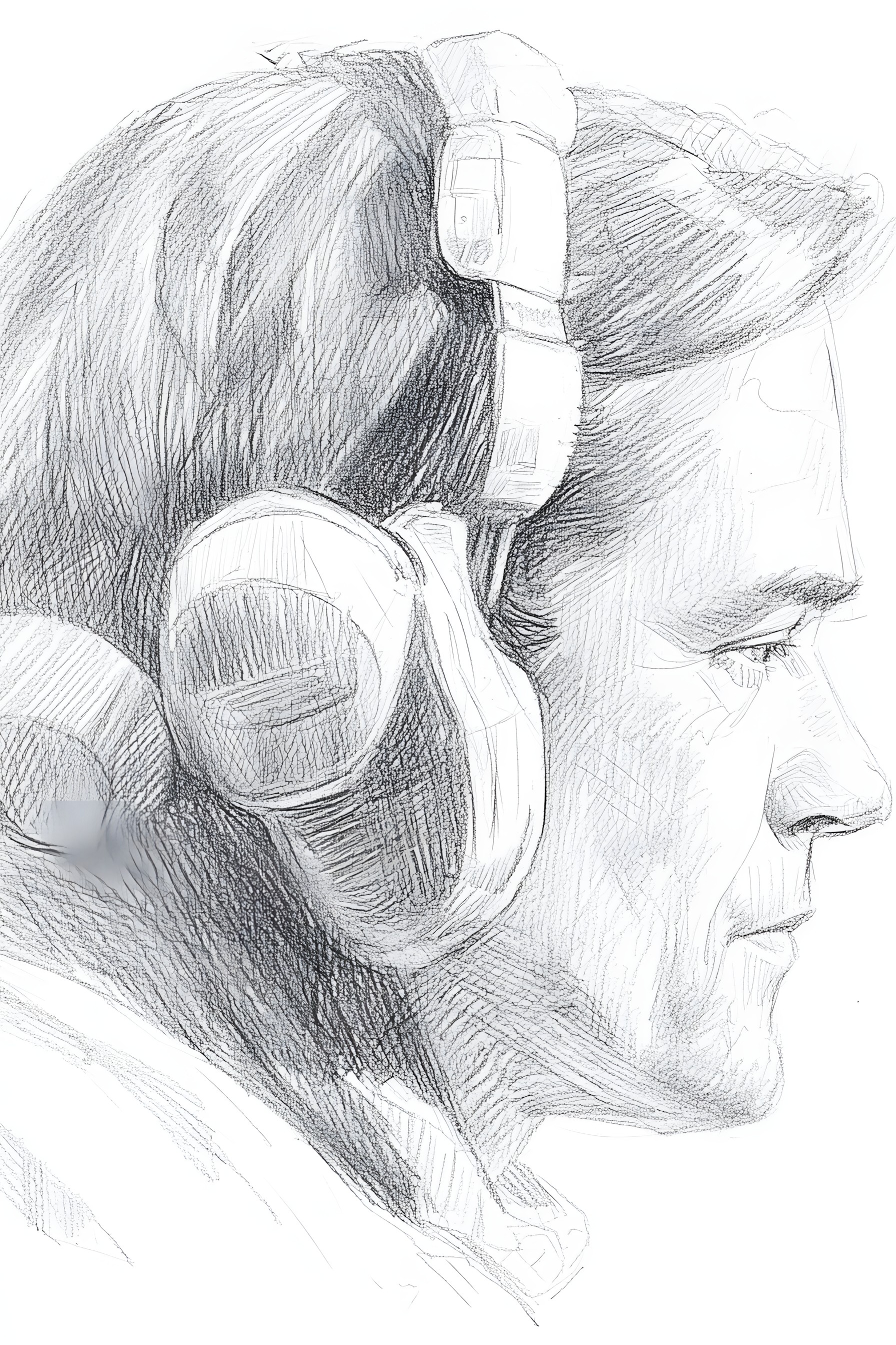 White, Drawing, Facial expression, Sketch, Illustration, Headphones, Line art, Headset, Graphics, Hearing, Gadget