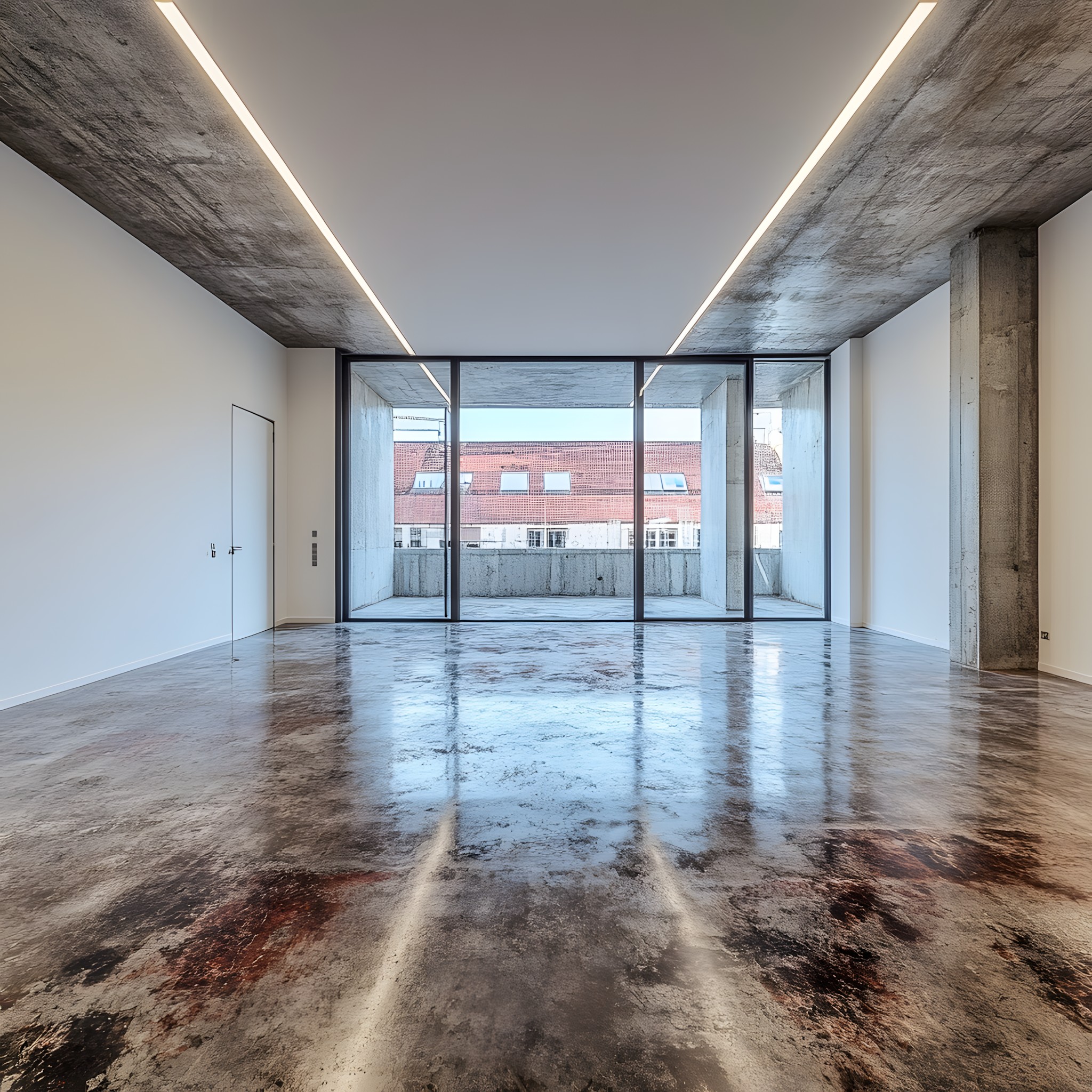 Flooring, Floor, Composite material, Ceiling, Concrete, Daylighting, Silver, Symmetry, Building material, Tile Flooring, Hall, Transparency, Cleanliness