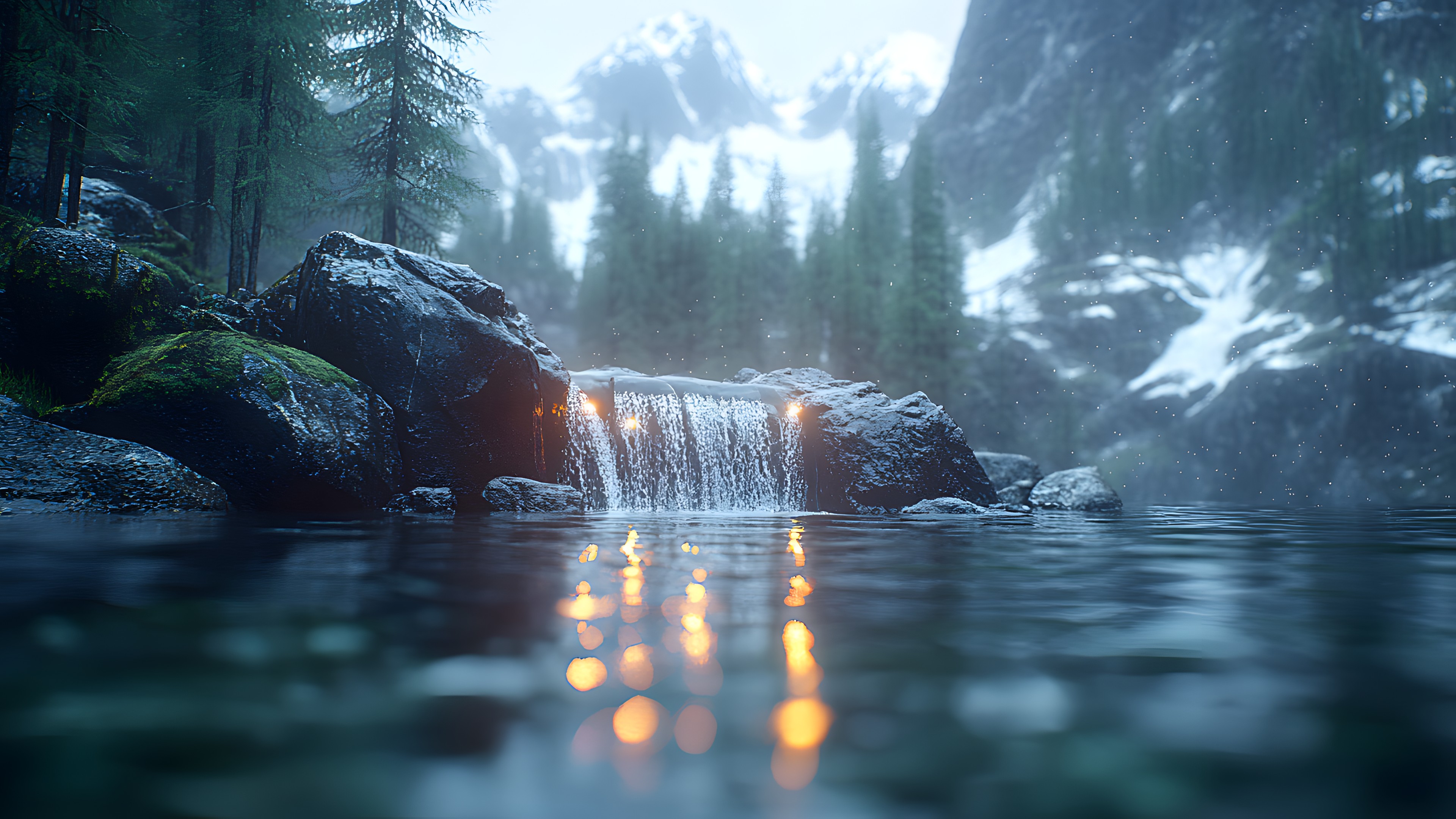 Water, Nature, Natural landscape, atmospheric phenomenon, Stream, Watercourse, Forest, Wilderness, Mountain river, Mist, Winter, Fluvial landforms of streams, River, Valley, Larch, Reflection, Spruce-fir forests, Fog, Spring, Old-growth forest