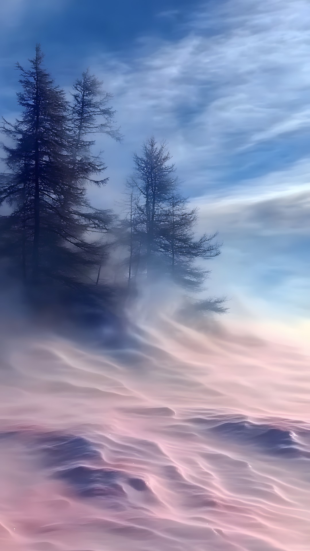 atmospheric phenomenon, Cloud, Meteorological phenomenon, Evening, Wind, Dusk, Winter, Conifers, Fog, Mist, Larch, Aurora, Fir, Dawn, Pine family