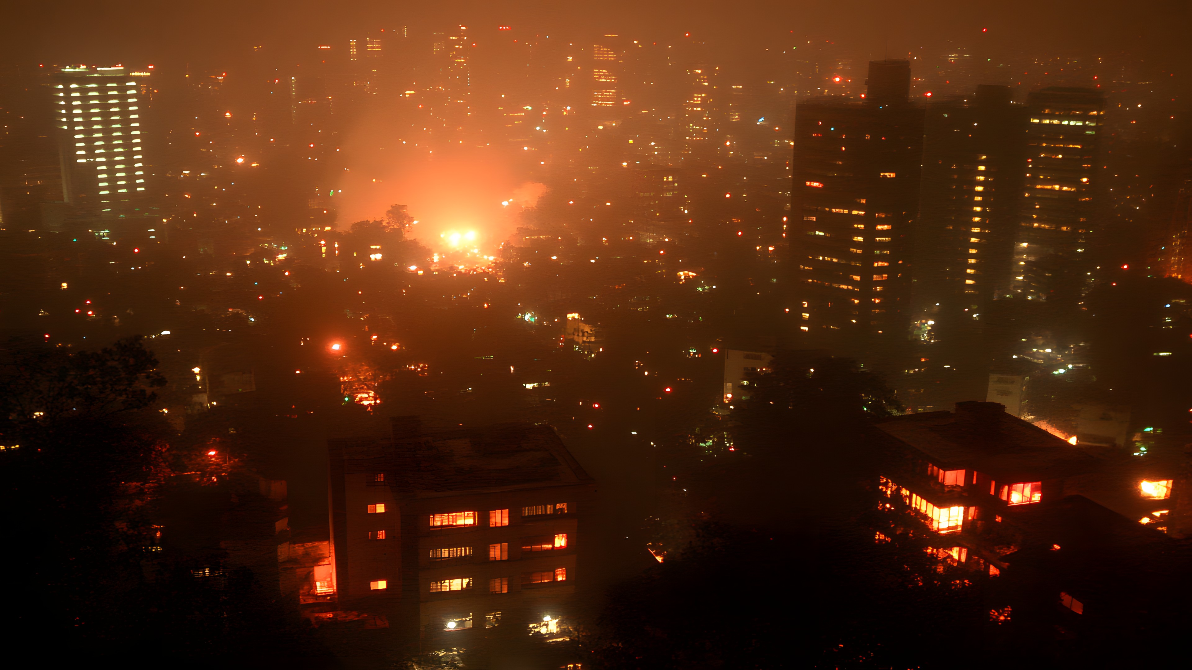 atmospheric phenomenon, Night, Metropolitan area, High-rise building, Metropolis, Midnight, Skyscraper, Condominium, Cityscape, Haze, Heat, Evening, Fog, Lens flare