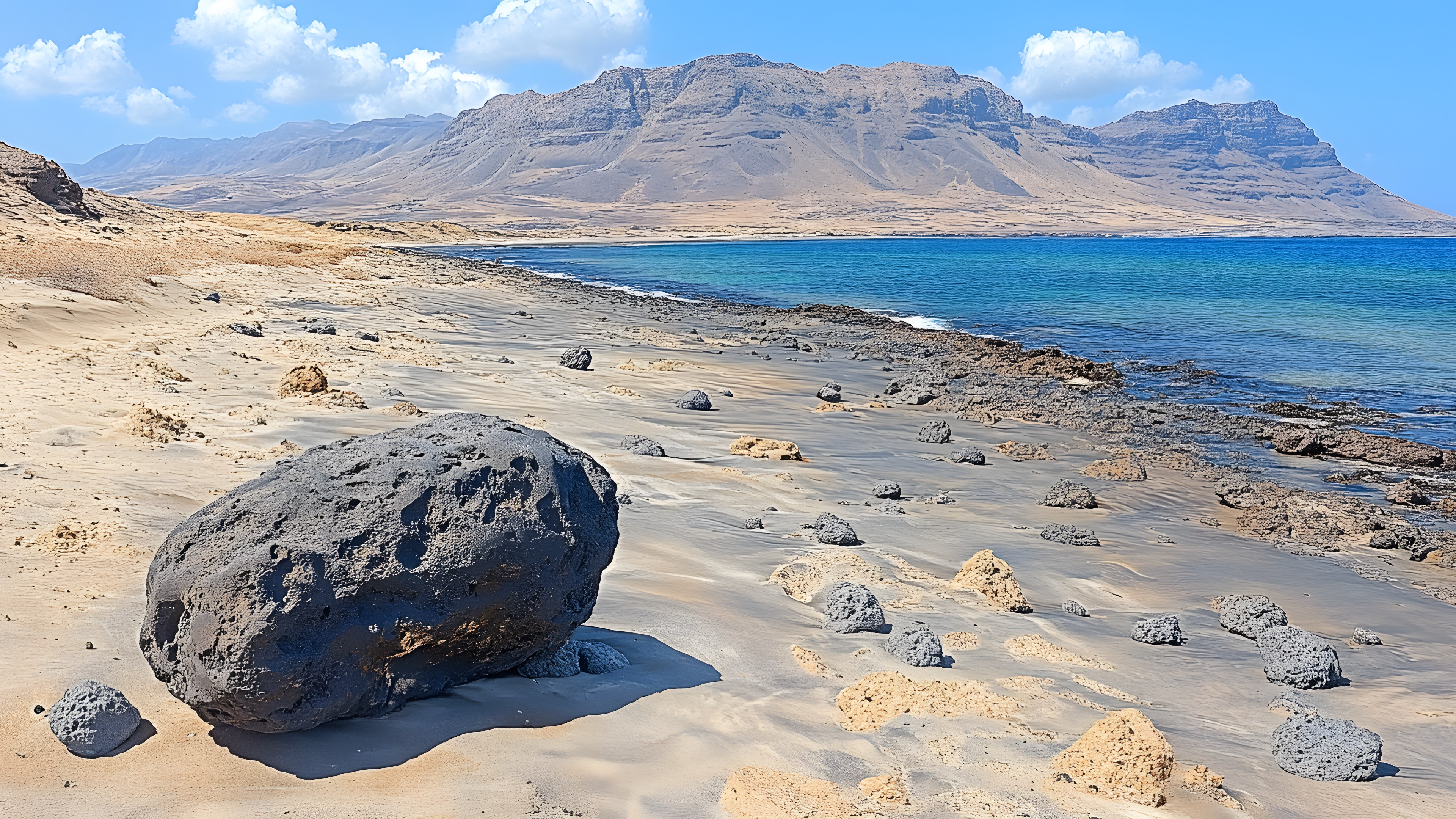 Sky, Blue, Water, Body of water, Horizon, Rock, Coast, Mountain, Coastal and oceanic landforms, Sea, Shore, Beach, Geological formation, Ocean, Sand, Geology, Wind wave, Bay, Raised beach, Promontory