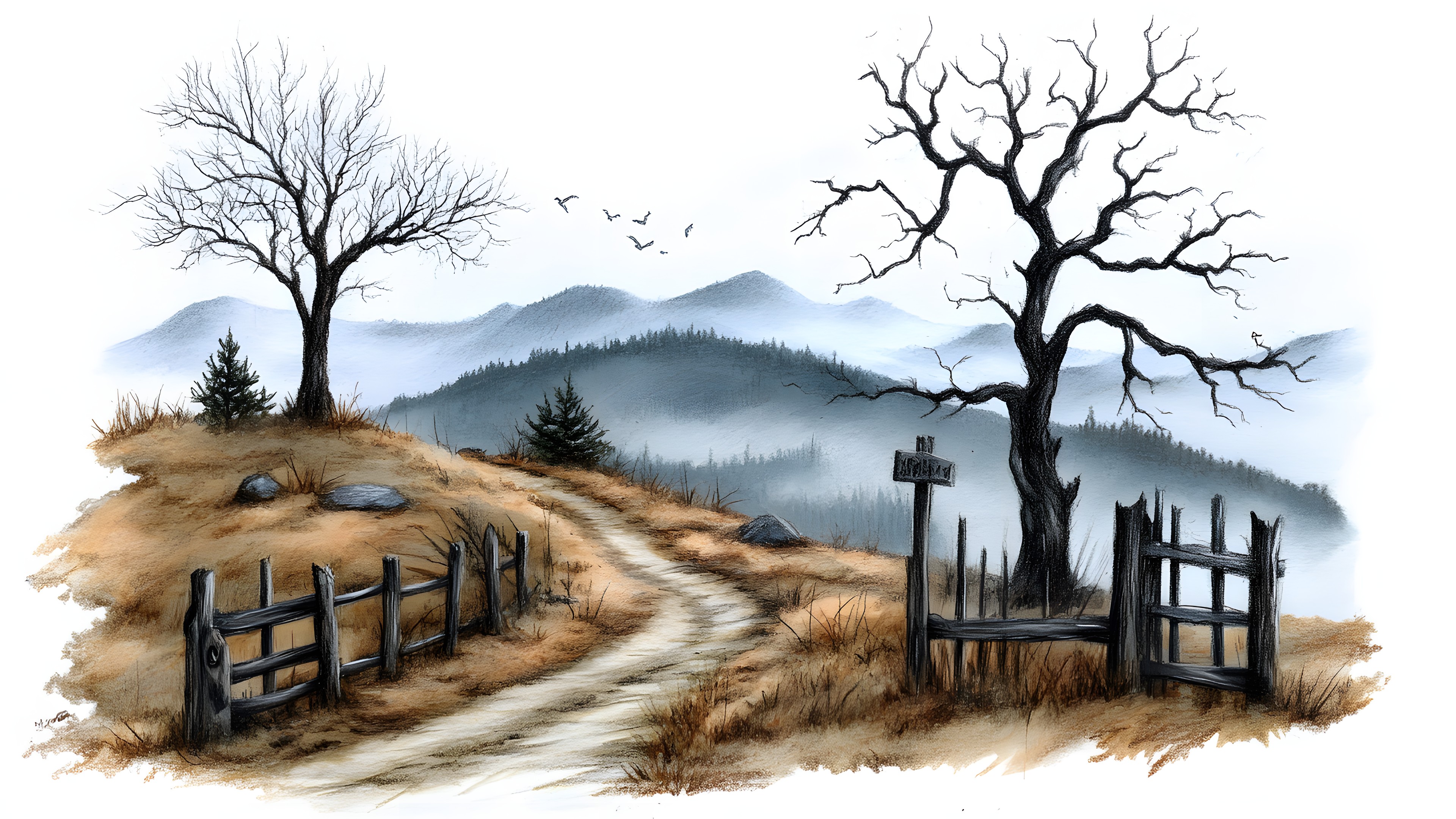 atmospheric phenomenon, Winter, Watercolor painting, Mist, Fog, Paint, Modern art, Split-rail fence, Fence, Haze, Home Fencing, Art Paint, Precipitation