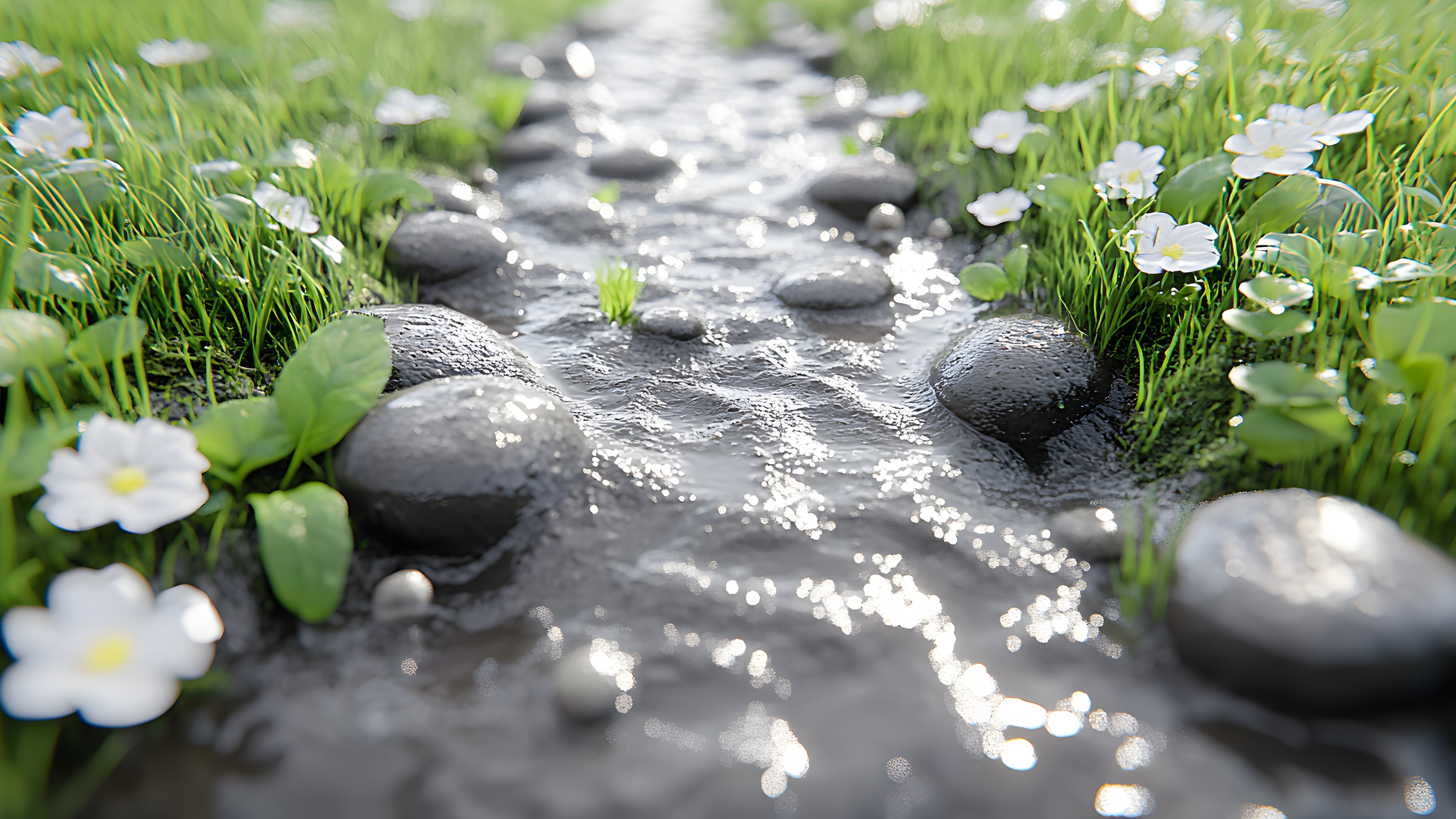 Green, Pebble, Herbaceous plant, Stream, Cobblestone