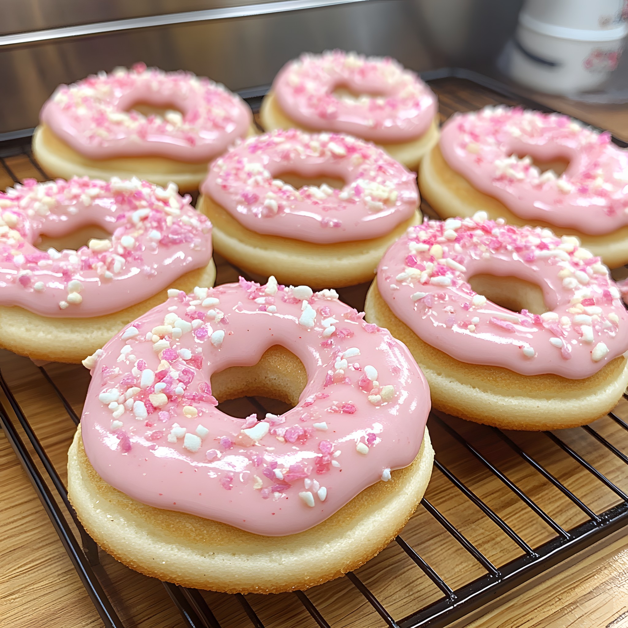 Food, Doughnut, Ingredient, Pink, Dessert, Finger food, Baking, Recipe, Glaze, Bagel, Sprinkles, Icing, Ciambella, Cooking, Sugar, Fast food, American cuisine, Staple food, Dutch cuisine, Food additive