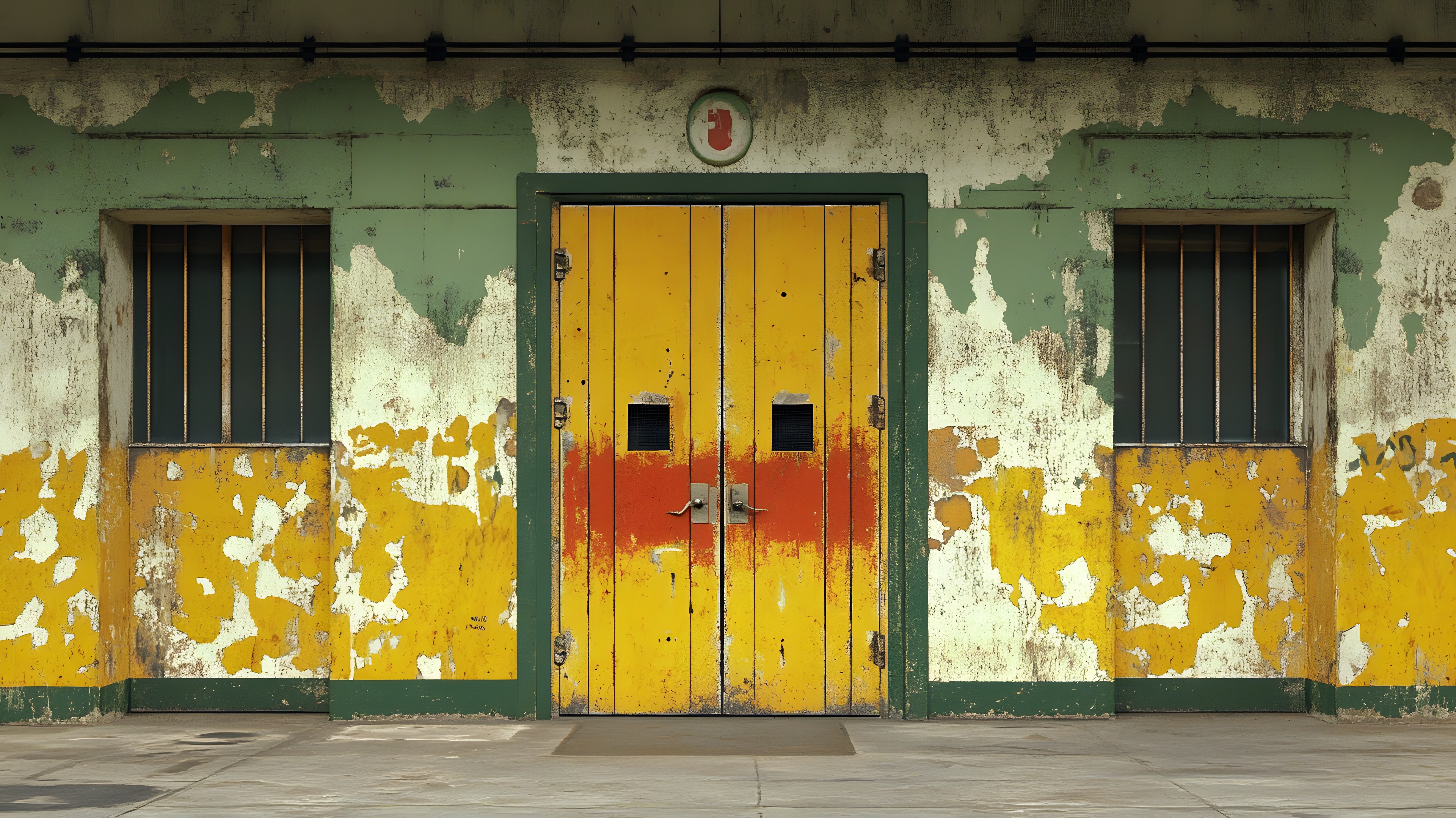 Colorfulness, Fixture, Door, Building, Wood, Home door, Window, House, Rectangle, Material property, Paint, Facade, Tints and shades, Symmetry, Dead bolt, Road surface, Door handle, Art, Pattern, Shadow