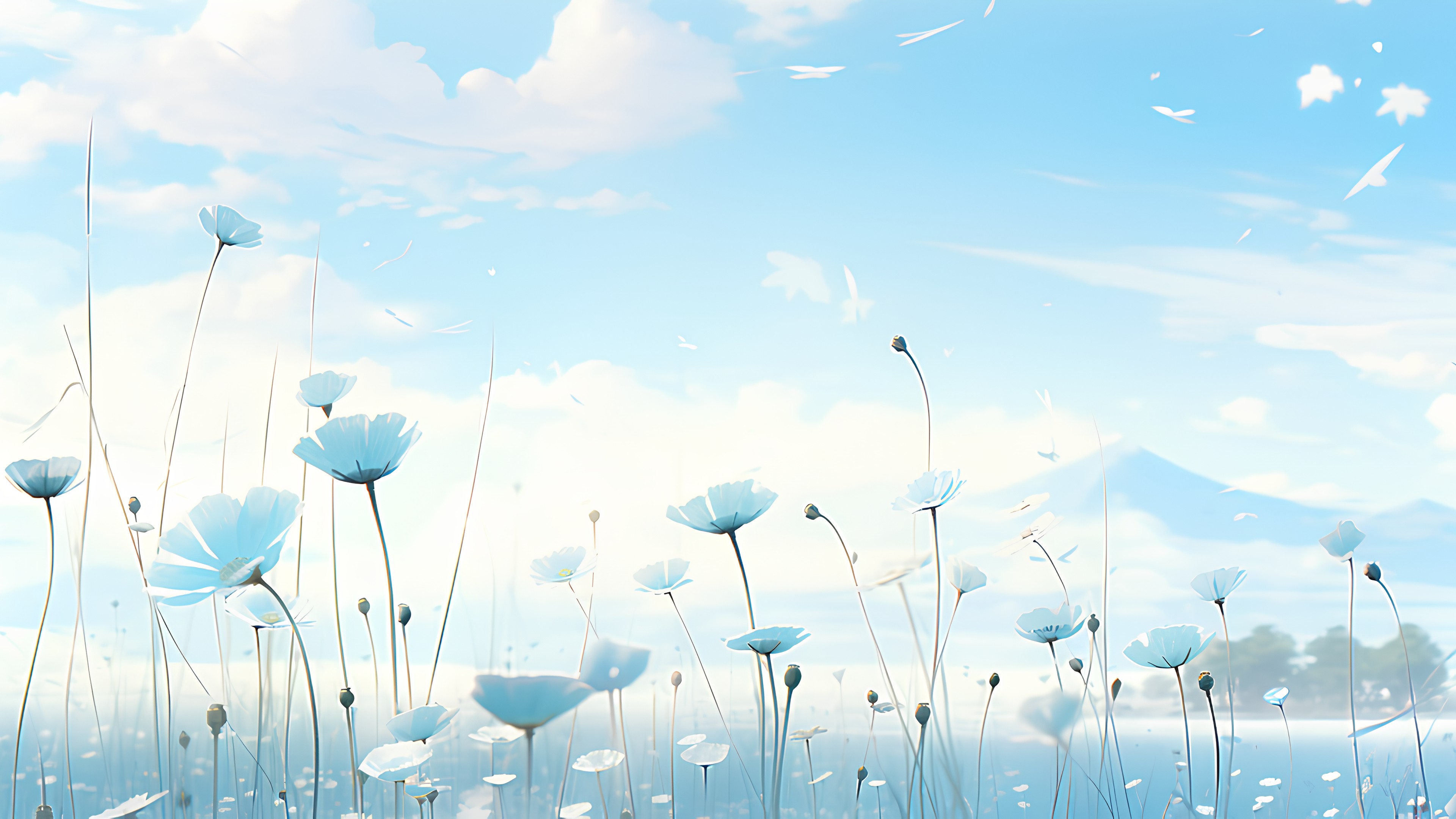 Cloud, Sky, Atmosphere, Daytime, Plant, Azure, Natural landscape, Water, People in nature, Atmospheric phenomenon, Flower, Grass, Petal, Cumulus, Grassland, Wind, Art, Meadow, Landscape, Grass family