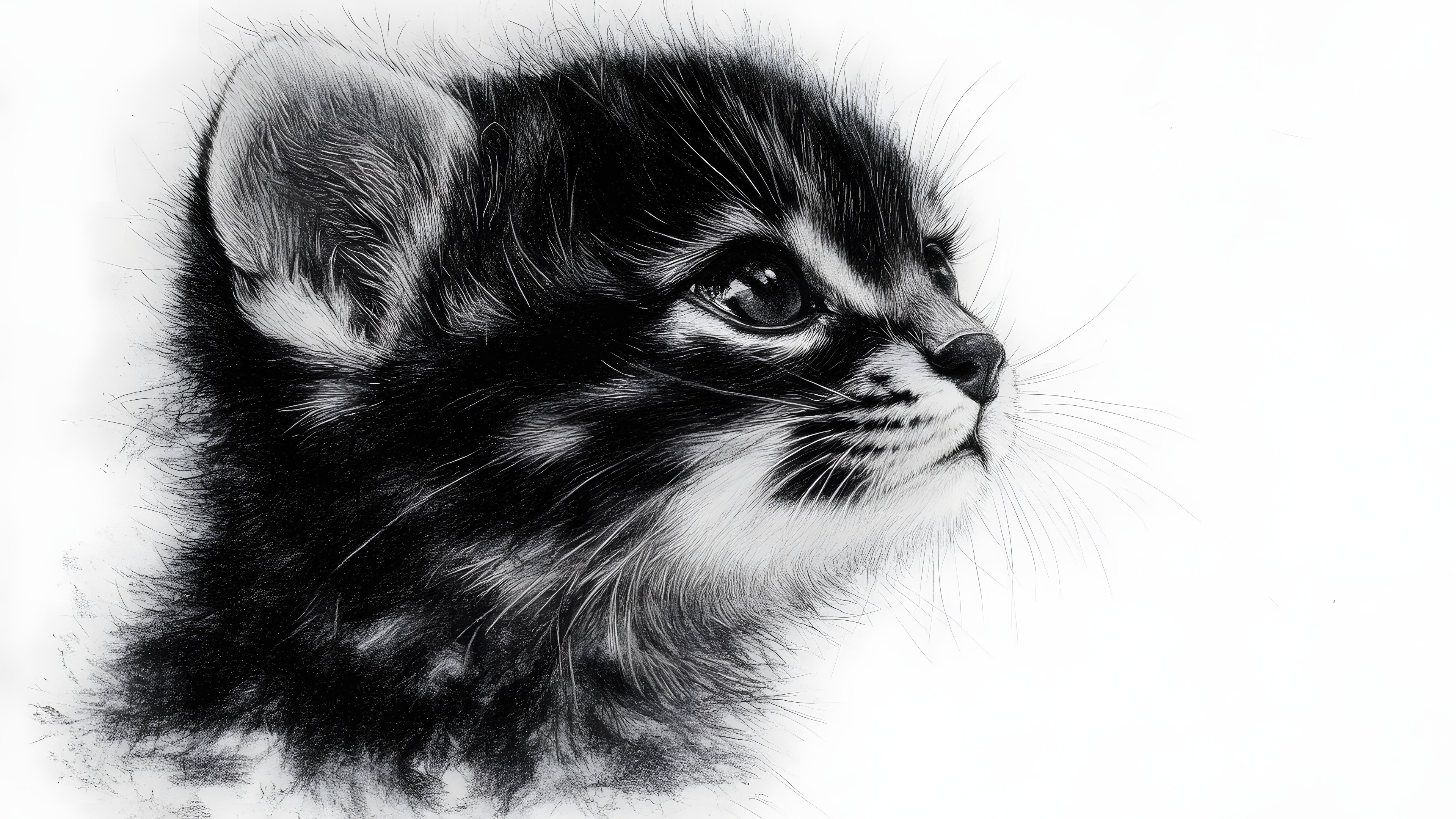 Cat, White, Felidae, Vertebrate, Whiskers, Felinae, Facial expression, Snout, Black, Carnivores, Black and white, Fur, Grey, Drawing, Terrestrial animal, Sketch, Kitten, Line art