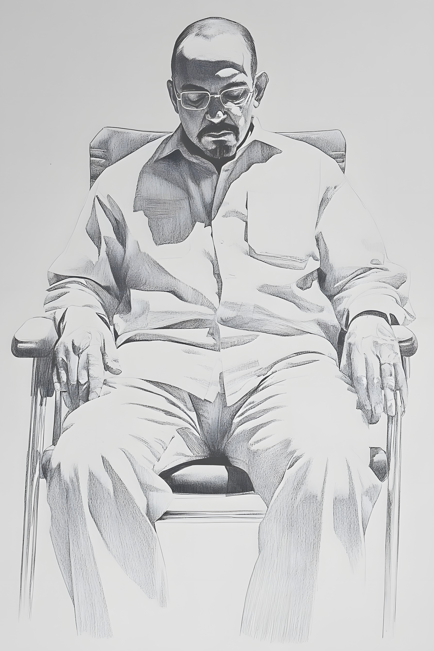 Drawing, Sitting, Knee, Illustration, Sketch, Facial hair, Beard, Figure drawing, Line art, Graphics, Moustache