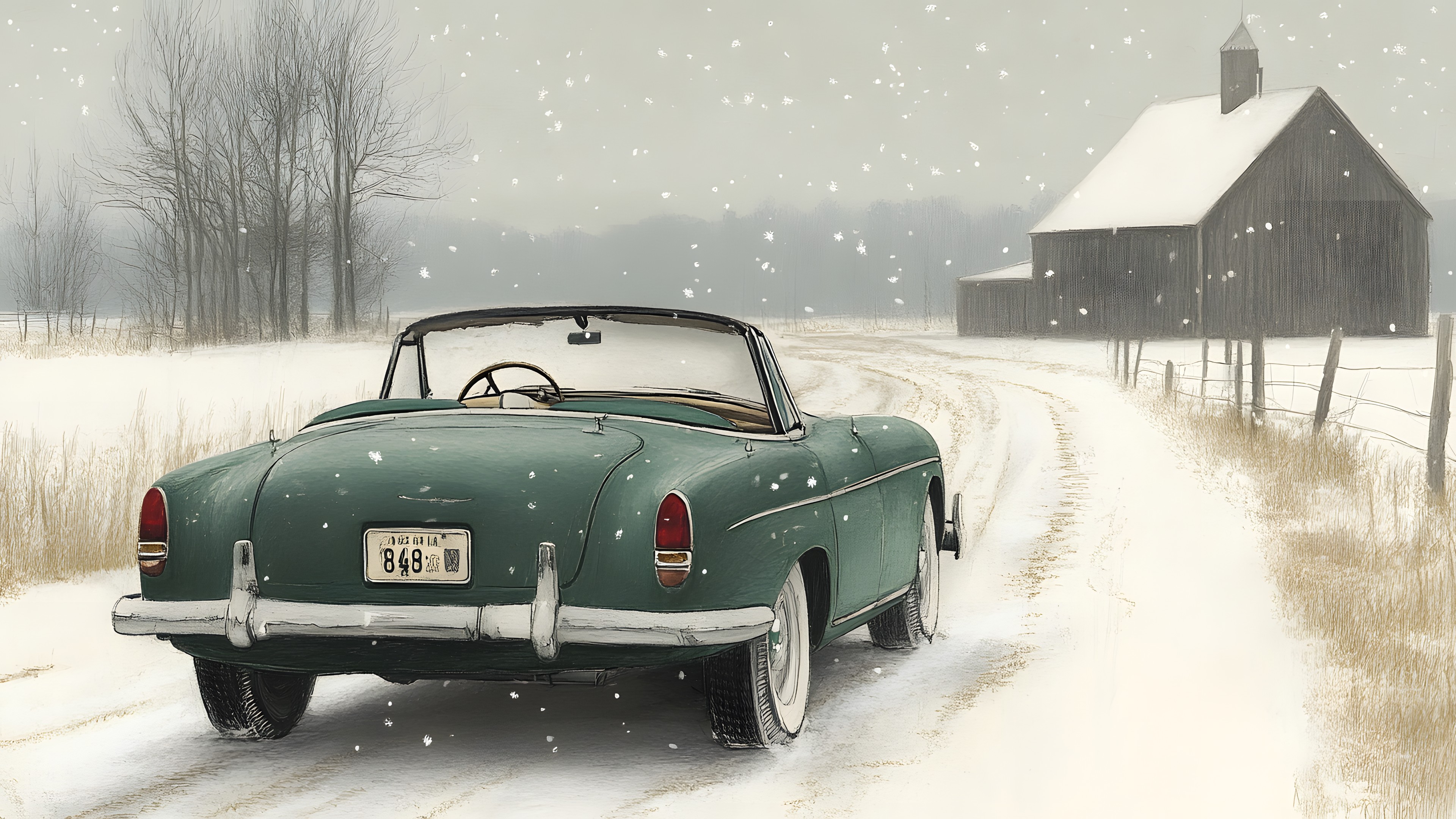 Car, Classic car, Convertible, Antique car, Winter, Vintage car, Snow, Roadster, Freezing, Kit car, Hood, Headlamp, Sports car, Fir