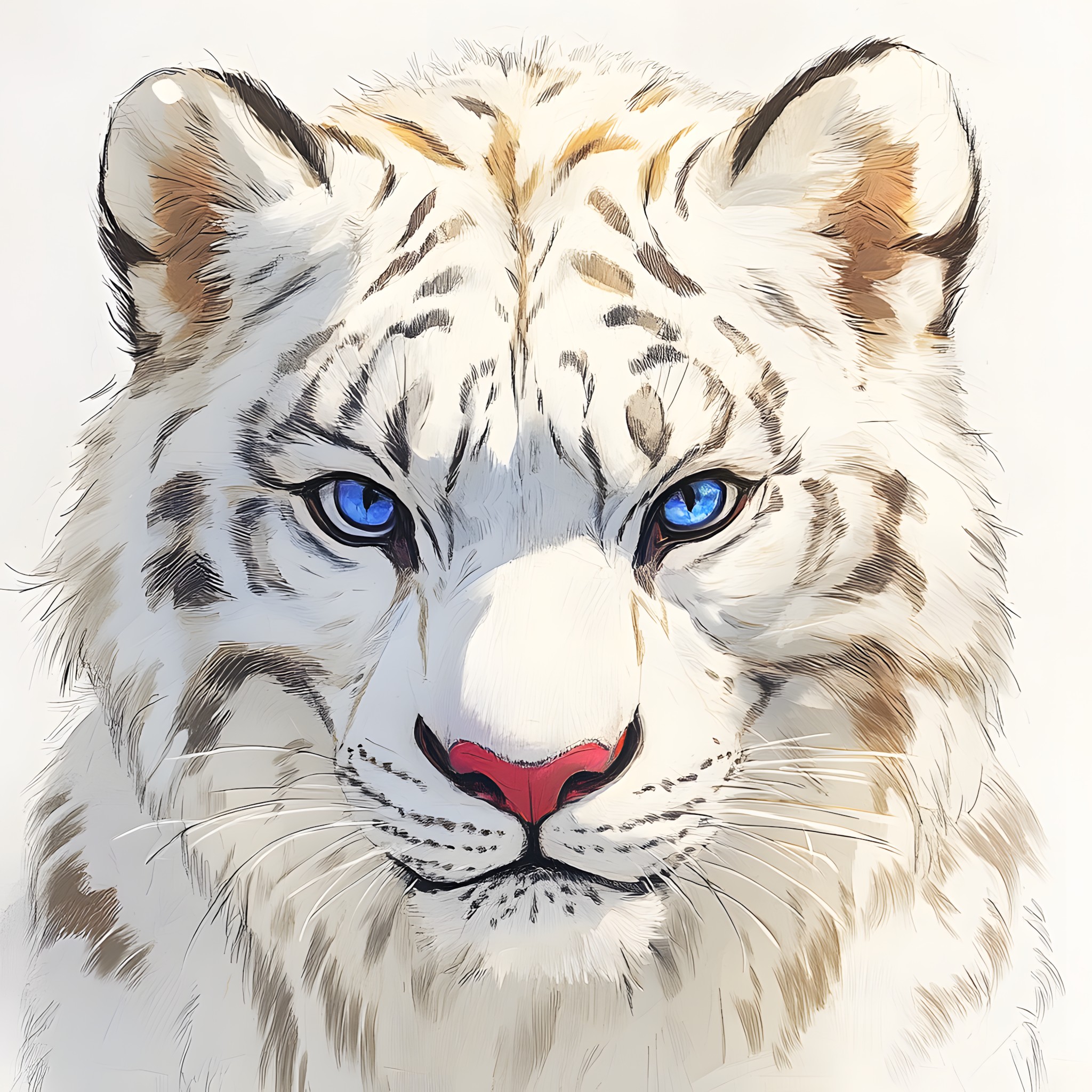 Felidae, White, Vertebrate, Tiger, Carnivores, Whiskers, Snout, Panthera, Terrestrial animal, Wildlife, Fur, Siberian Tiger, Bengal tiger, Snow leopard, Cat, Watercolor painting