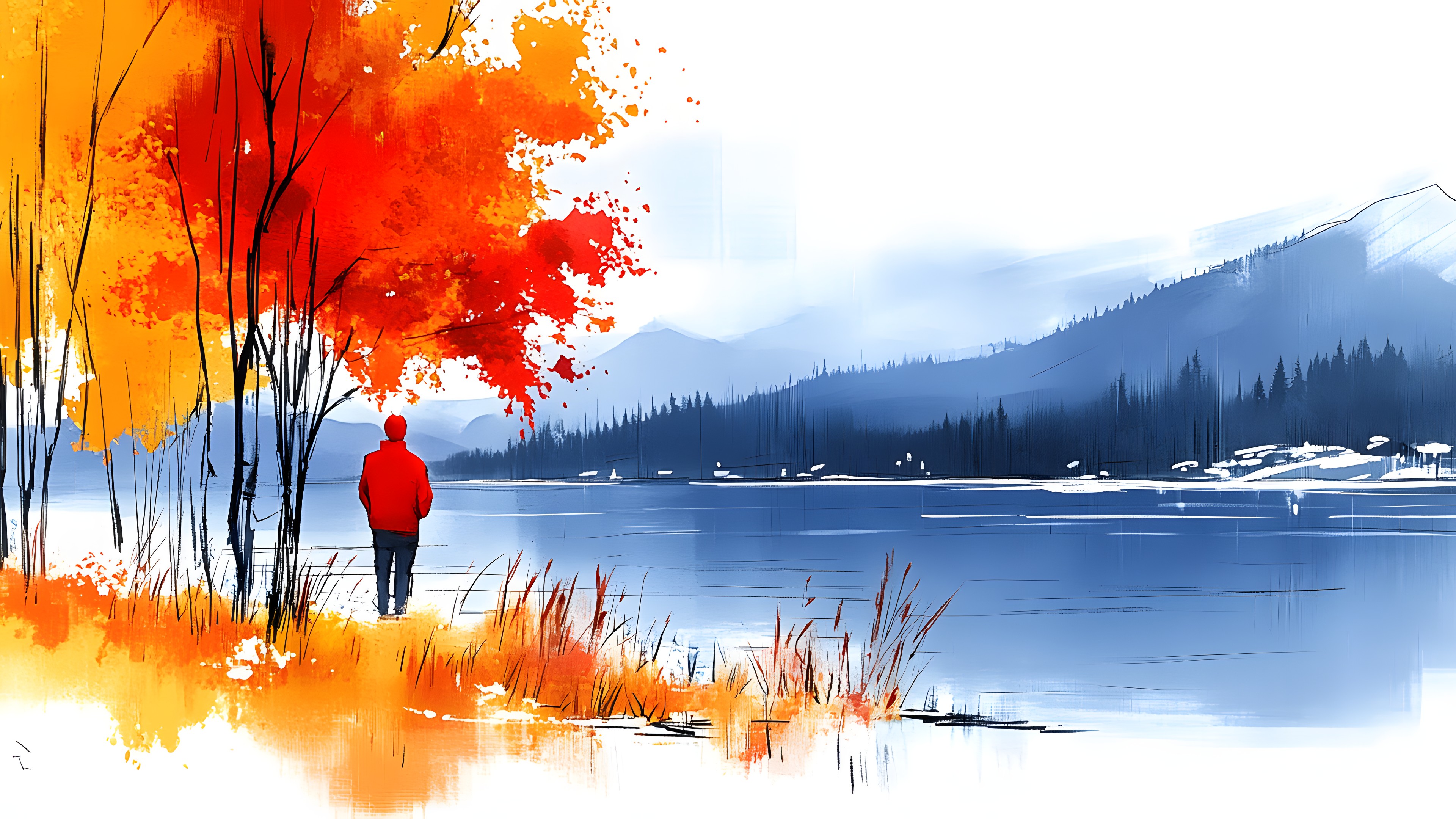 Orange, Winter, Watercolor painting, Reflection, Paint, Art Paint, Acrylic paint, Lake District, Modern art, Snow, Precipitation, Pine family, Walking