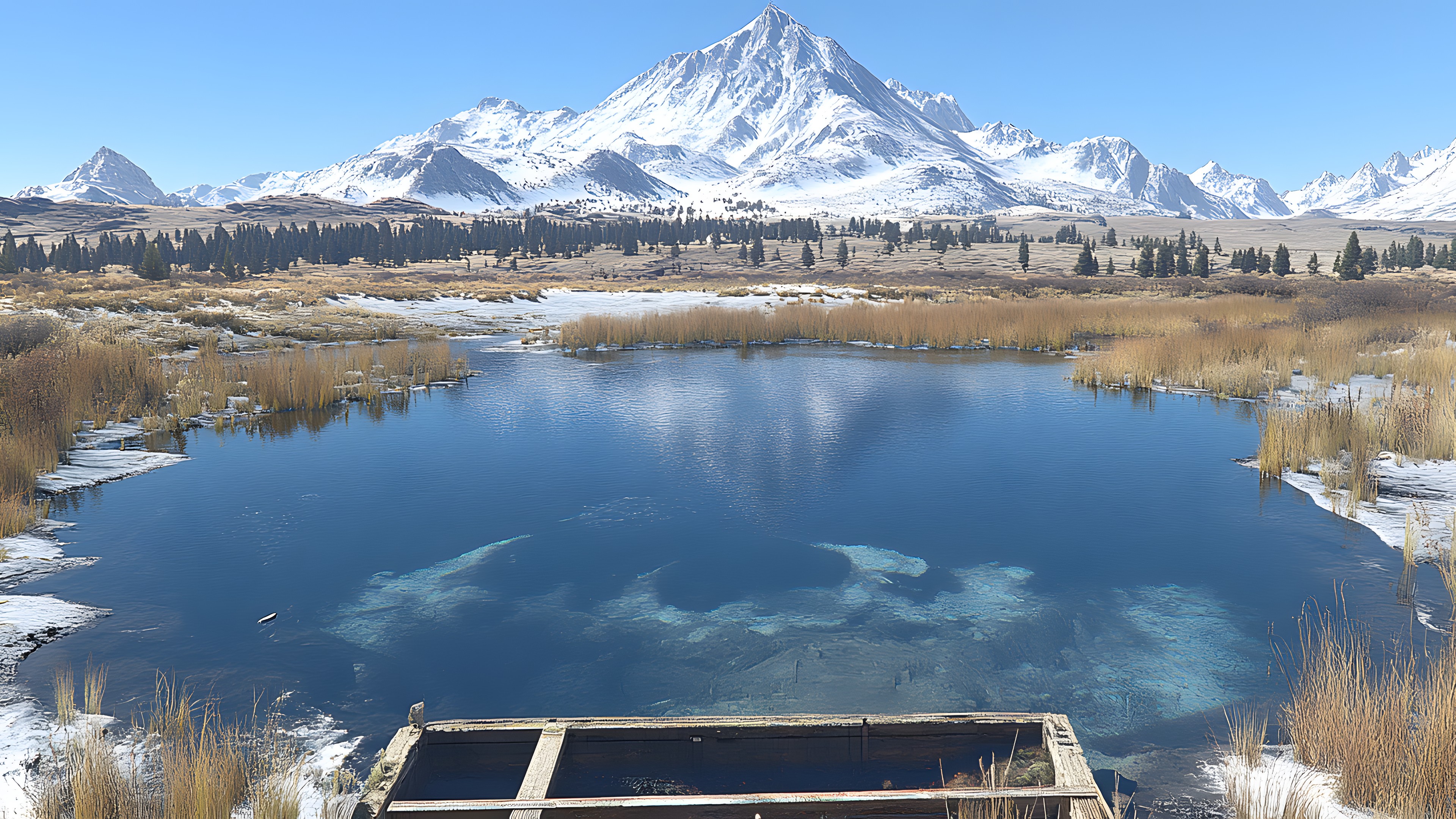 Water, Body of water, Natural landscape, Mountain, Reflection, Wilderness, Bank, Mountain range, Lake, Tarn, Snow, Winter, Wetland, Glacial landform, Pond, Lacustrine plain, Larch, Reservoir, Summit, Alps