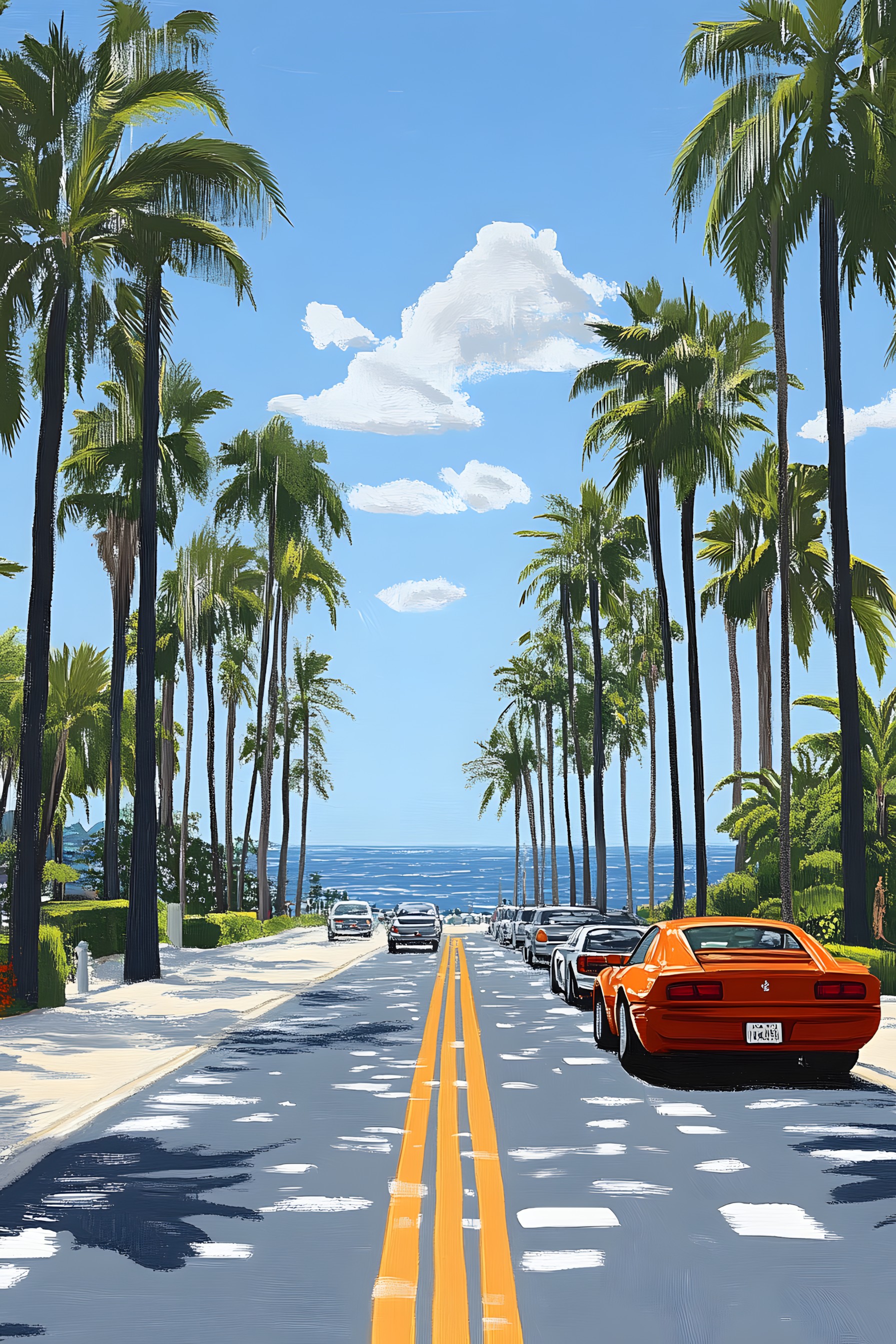 Palm trees, Highway, Road trip, California palm, Tropics, Kit car, Sports car, Performance car, Babassu, Coconut, Controlled-access highway