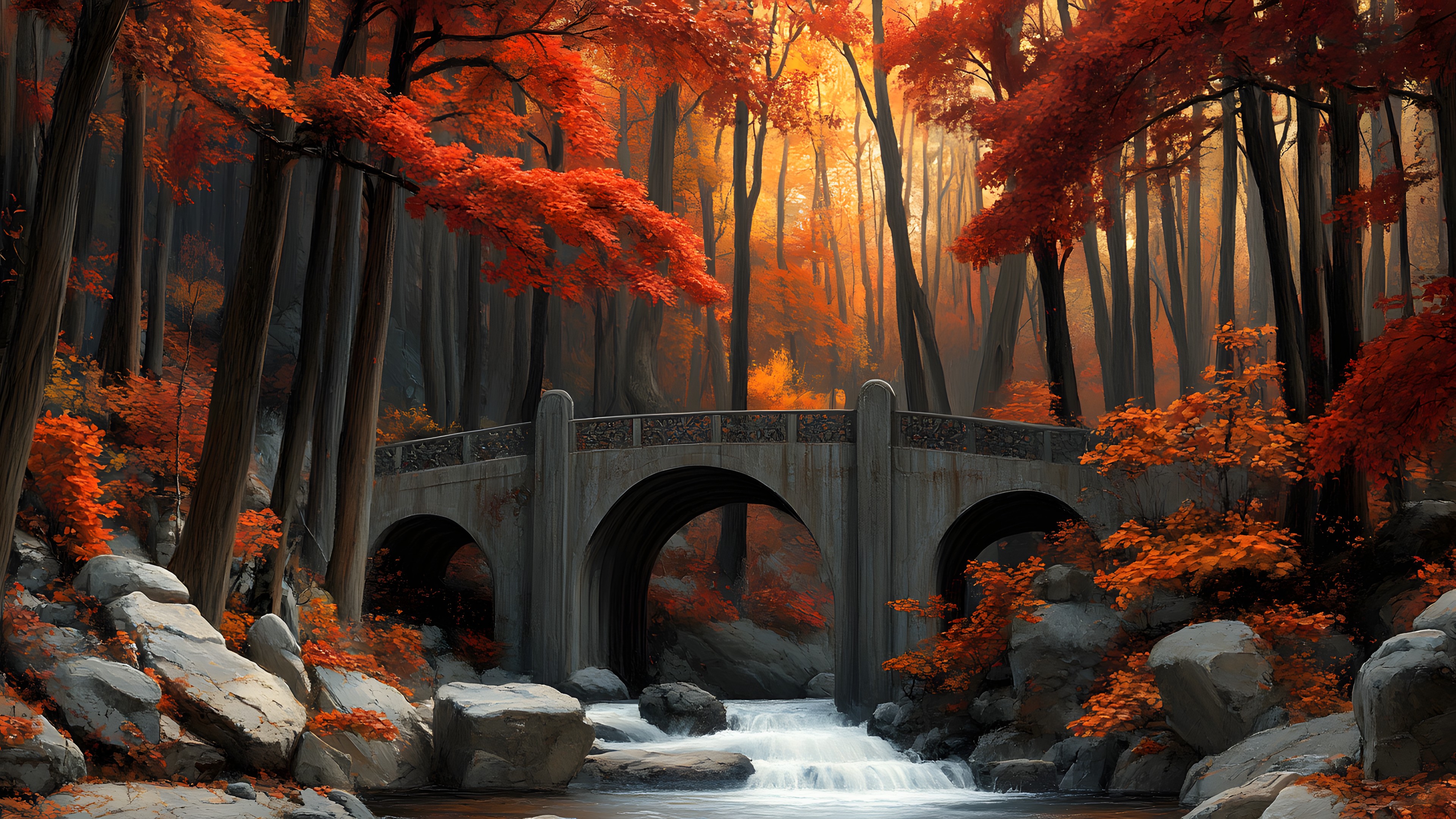 Orange, Bridge, Forest, Arch bridge, Woody plant, Autumn, Devil's Bridge, Woodland, Humpback bridge, Old-growth forest, Stream, Northern hardwood forest