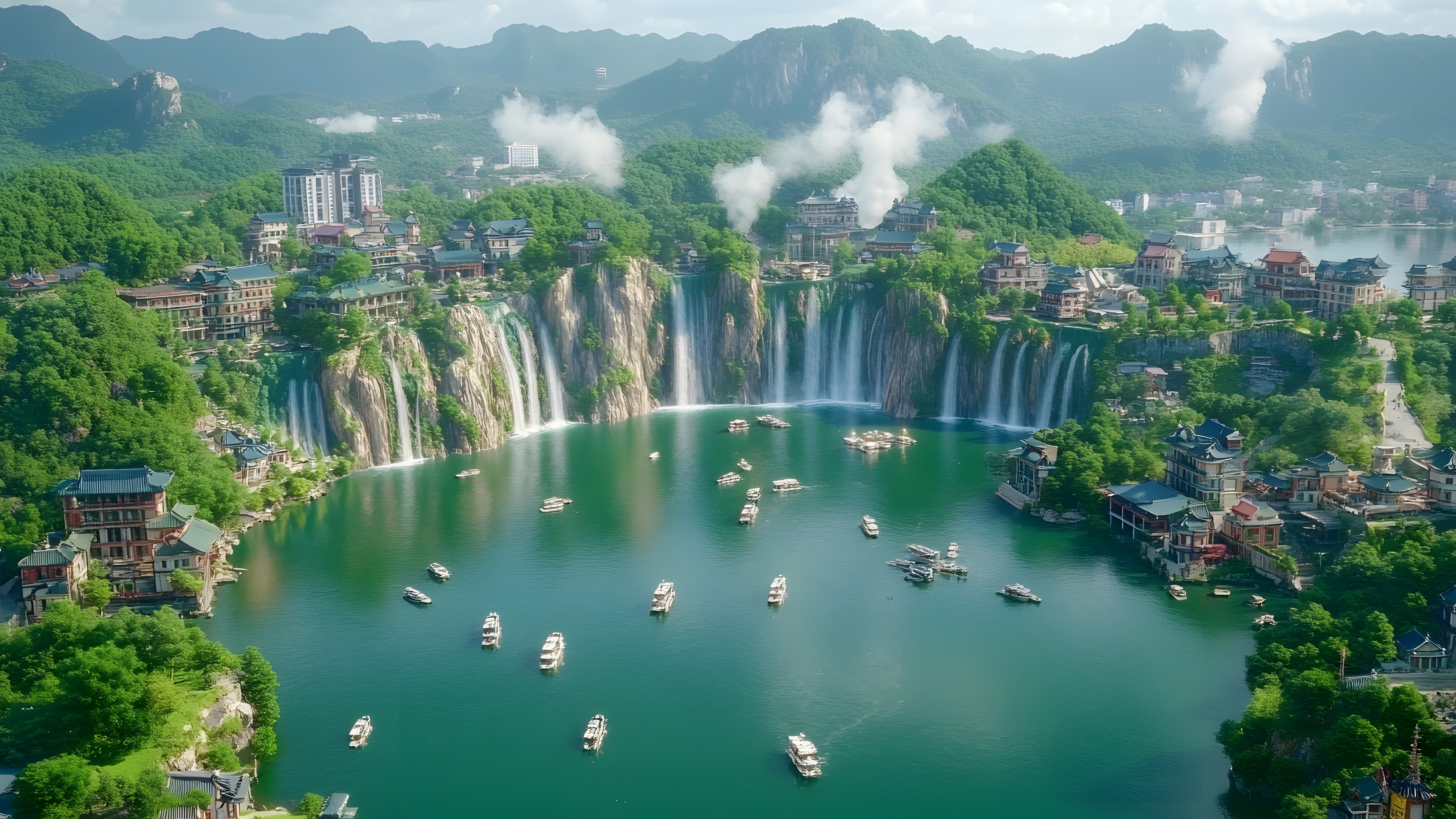 Water, Body of water, Water resources, Watercourse, Tourist attraction, Waterfall, River, Hill station, Fluvial landforms of streams, Aerial photography, Boat, Mountain river, Bay, Bird's-eye view, Water feature, Resort town, Chute, Cliff, Spring, Lagoon