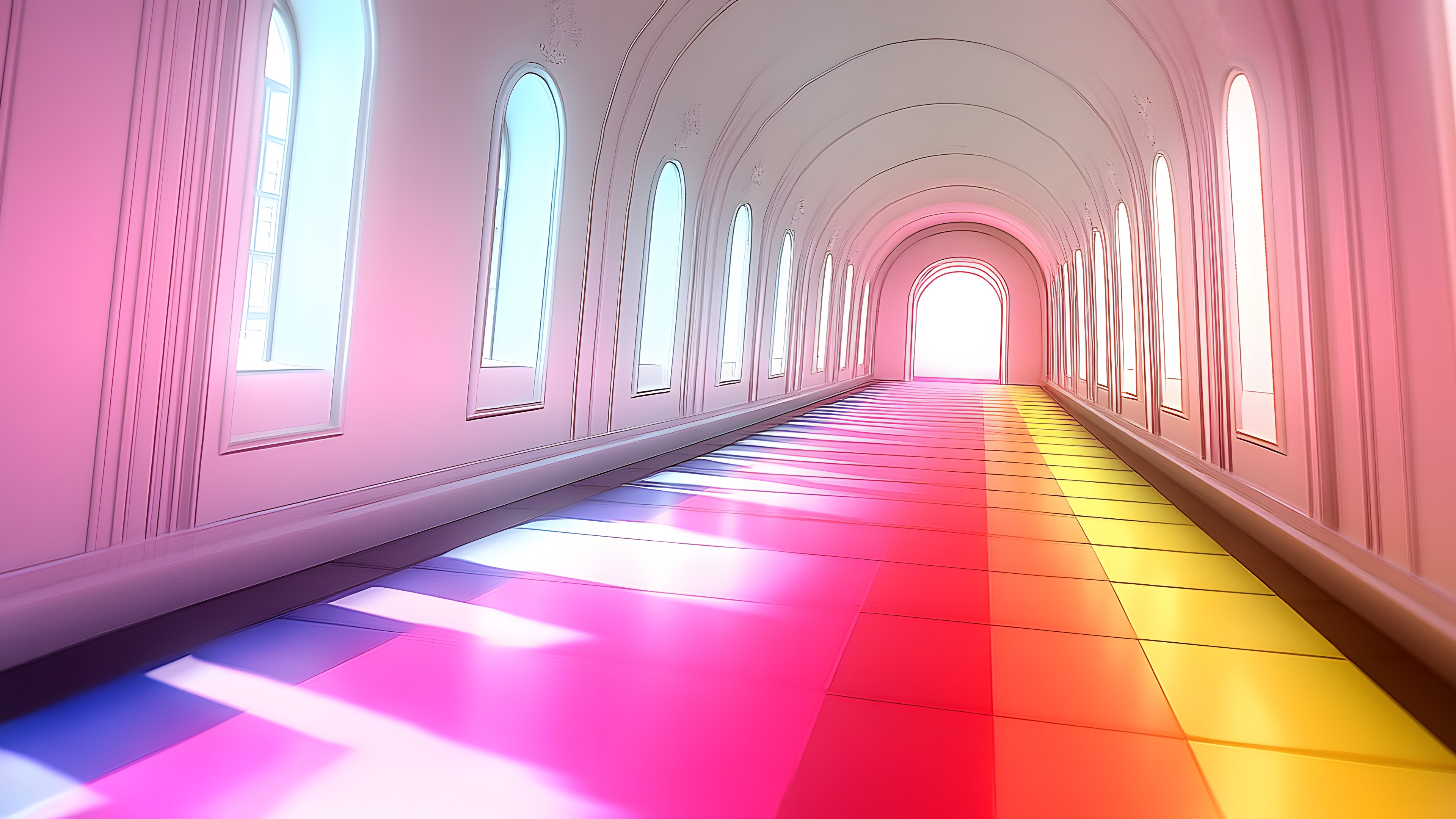 Red, Yellow, Orange, Flooring, Pink, Ceiling, Symmetry, Paint, Cleanliness