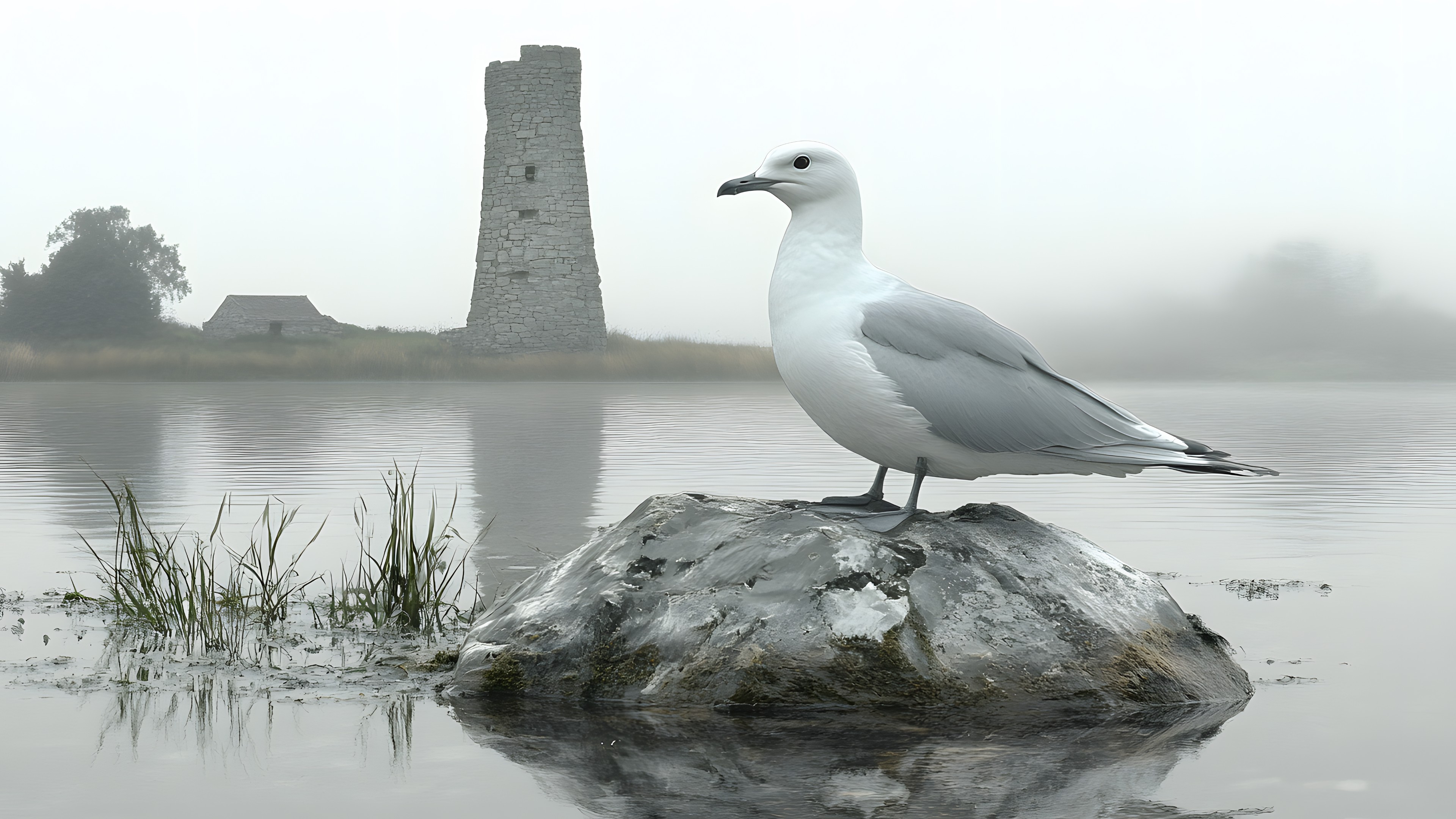 Water, Bird, Sky, Beak, Grey, Lake, Feather, Tower, Lari, Wing, Calm, Building, Seabird, Plant, Monochrome photography, Monochrome, Gull, Wood, Reflection, Tree