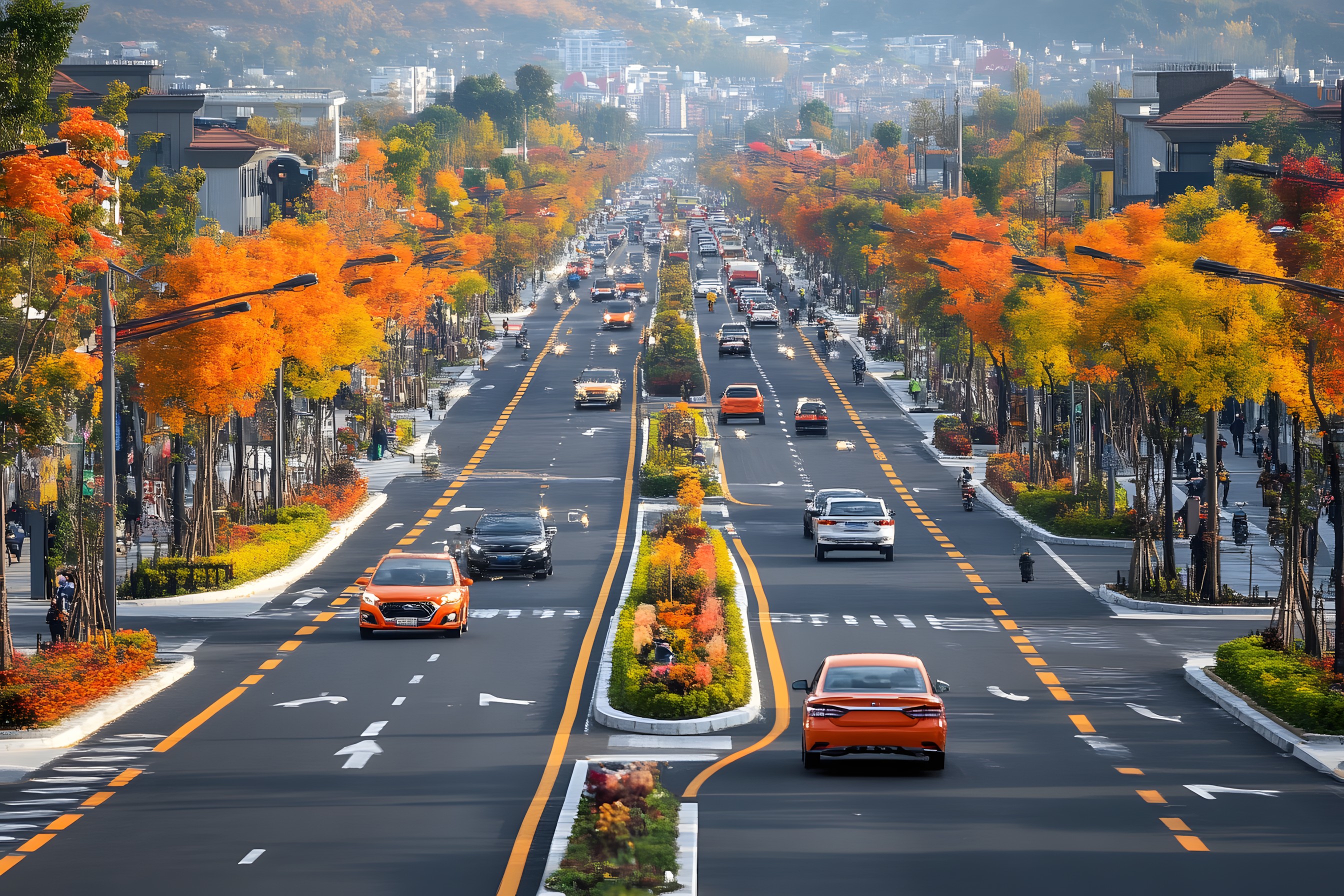 Road, Road surface, Yellow, Thoroughfare, Asphalt, Street, Highway, Lane, Autumn, Controlled-access highway, Tar, Traffic, Sidewalk, Shoulder, Road trip, Path, Stock photography