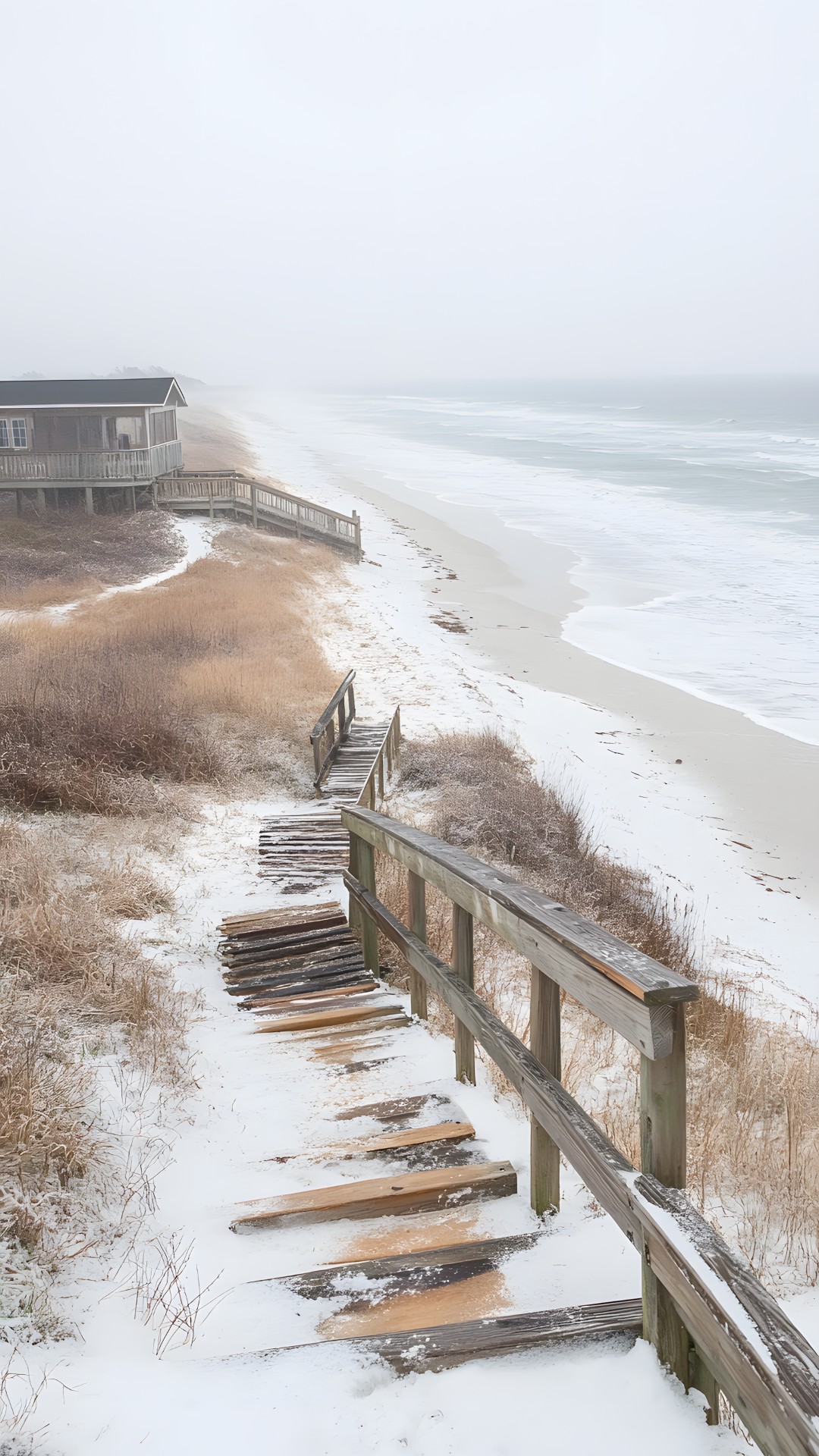 Sea, Coast, Boardwalk, Winter, Shore, Ocean, Wind, Walkway, Beach, Plank, Fence, Sand, Wind wave, Pier, Handrail, Freezing, Snow, Wave