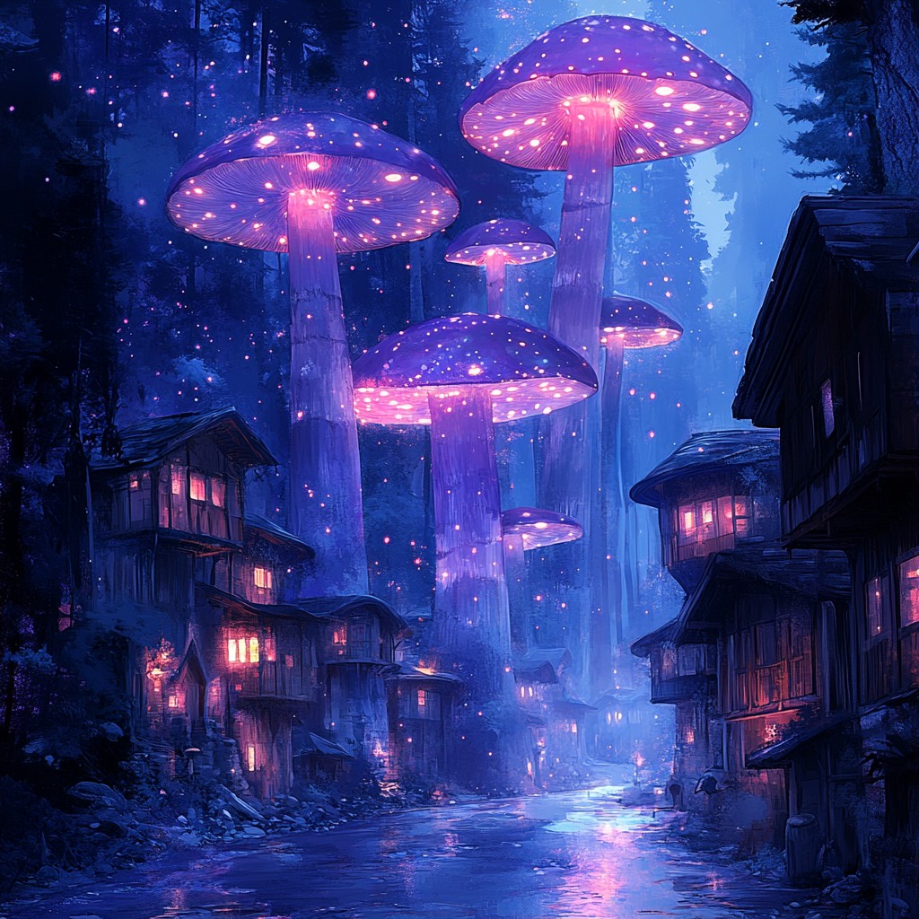 Mushroom, Night, Fungus, Animation, Watercolor painting, CG artwork, Graphics, Precipitation