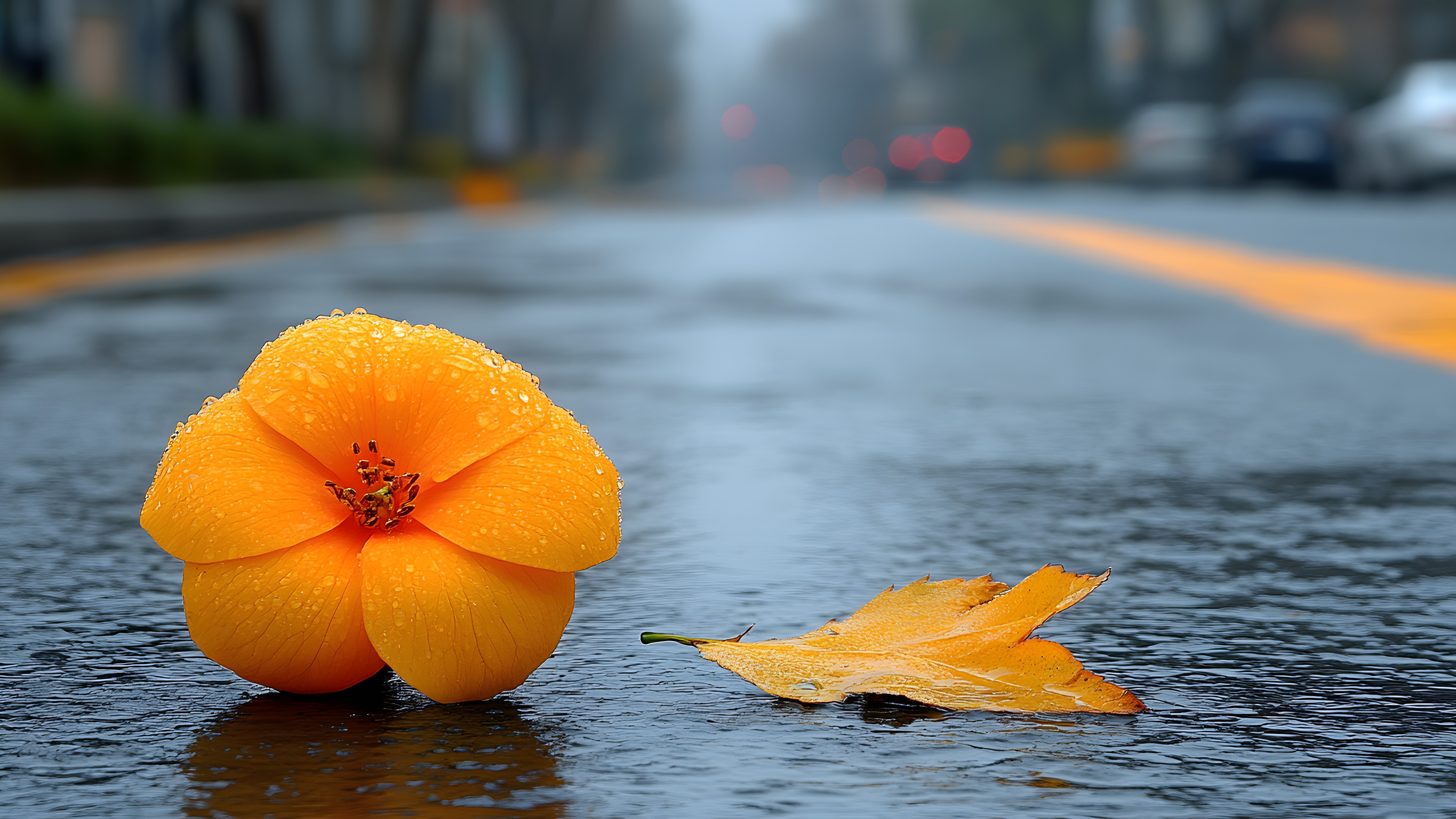 Water, Flower, Leaf, Nature, Liquid, Orange, Petal, Sunlight, Natural landscape, Road surface, Asphalt, Morning, Wood, Tints and shades, Landscape, Lake, Reflection, Flowering plant, Sky, Deciduous