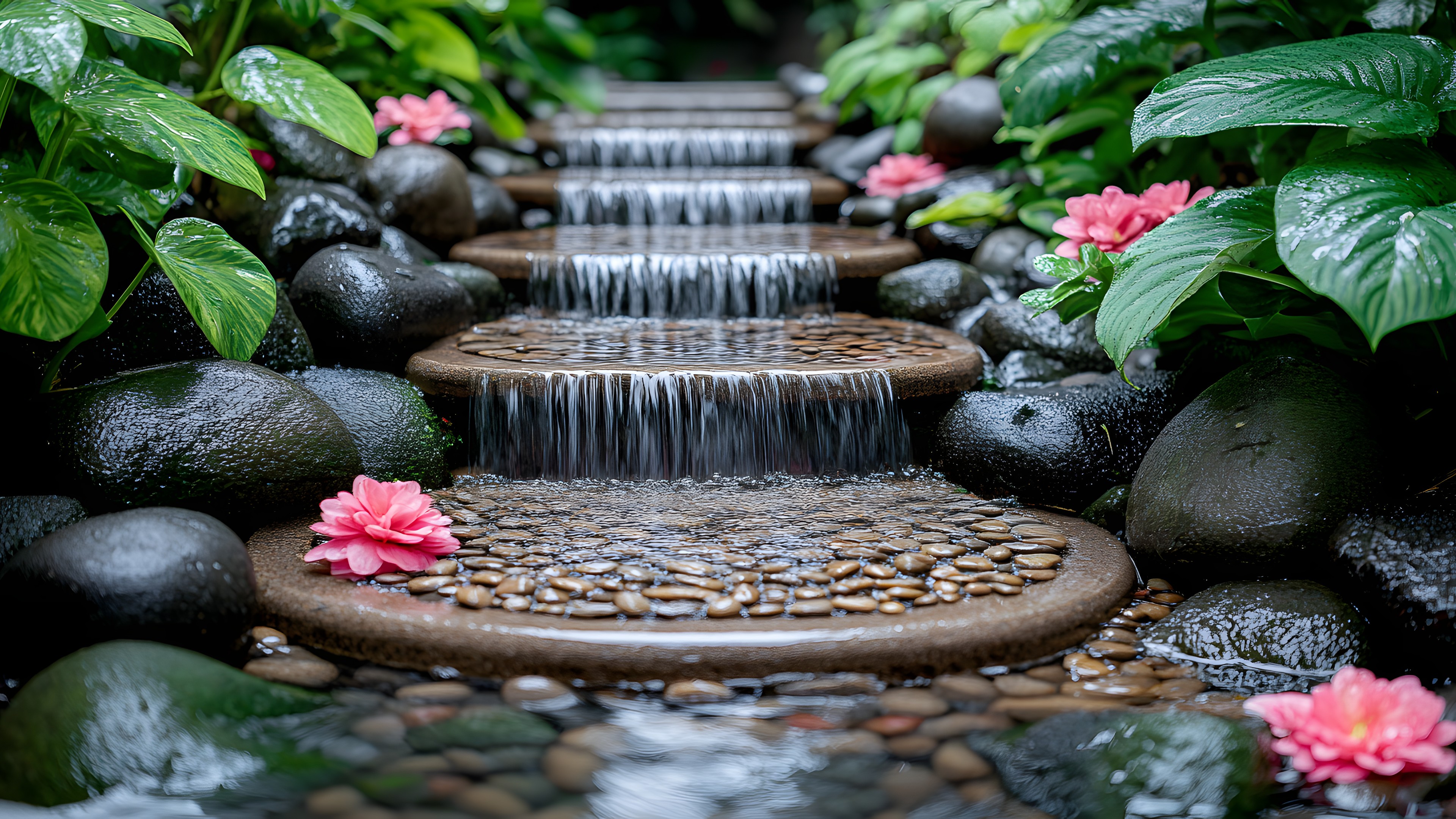 Green, Rock, Garden, Water feature, Pebble, Landscaping, Waterfall, Stream, Design, Botanical garden, Perennial plant, Environmental art, Fountain, Water plantains