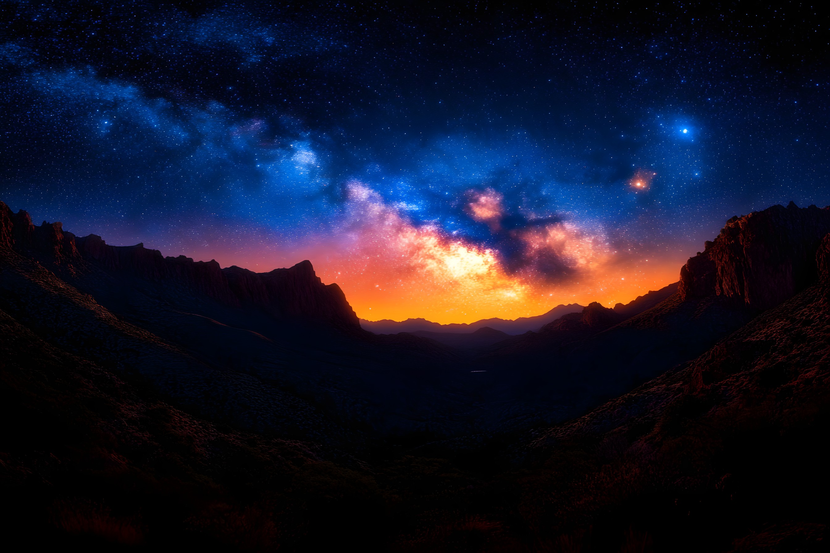 Astronomical object, Dusk, Afterglow, geological phenomenon, Orange, Mountain range, Astronomy, Night, Evening, Star, Sunset, Red sky at morning, Sunrise, Ridge, Valley, Dawn, Universe, Fell, Galaxy, Meteorological phenomenon