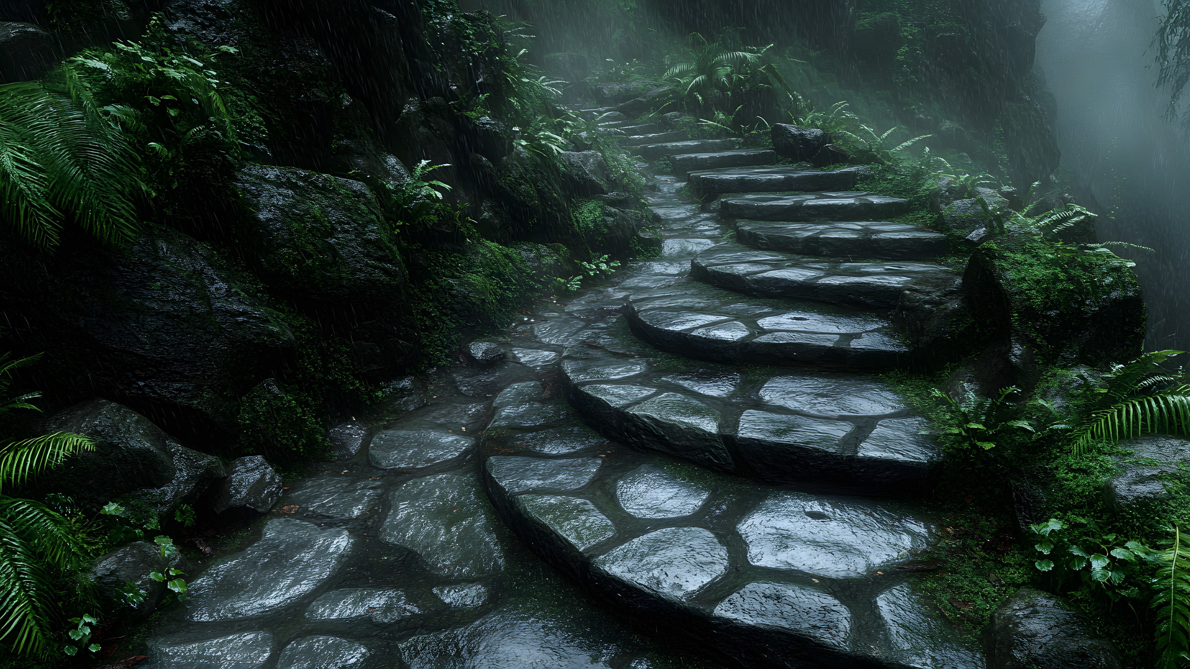 Nature, Natural landscape, Stairs, Forest, Trail, Jungle, Rainforest, Old-growth forest, Walkway, Woodland, Valdivian temperate rain forest, Moss, Bryophyte, Cobblestone, Fern, Path, Mist, Stream