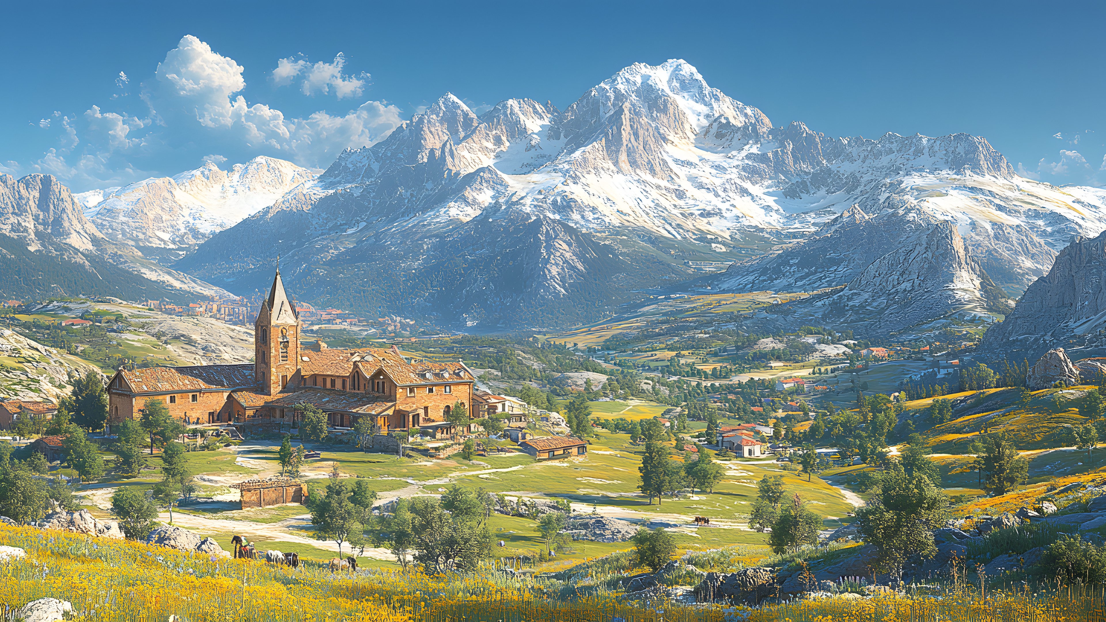 Mountainous landforms, Mountain, Hill, Mountain range, Highland, Valley, Landscape, Cloud, Hill station, Ridge, Village, Alps, Painting, Summit, Glacial landform, Winter, Mountain Village, Art Paint, Fell, Massif