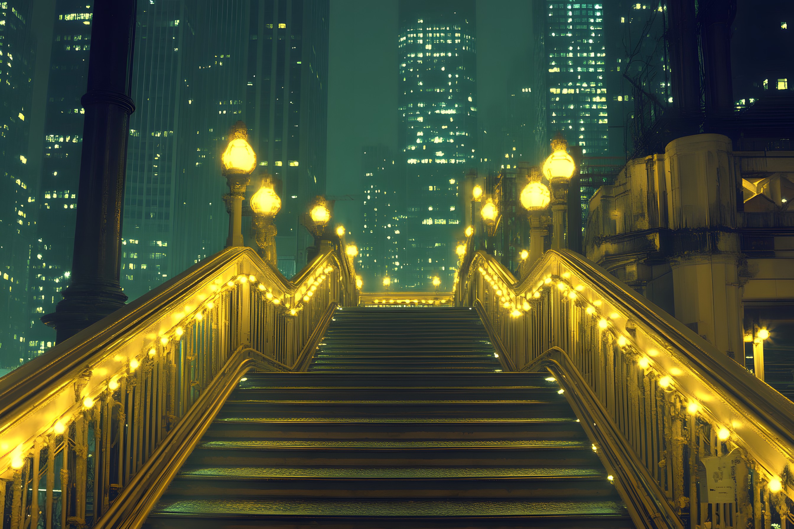 Night, Metropolis, Stairs, Midnight, Skyscraper, High-rise building, Handrail, Evening, Lens flare, Cityscape