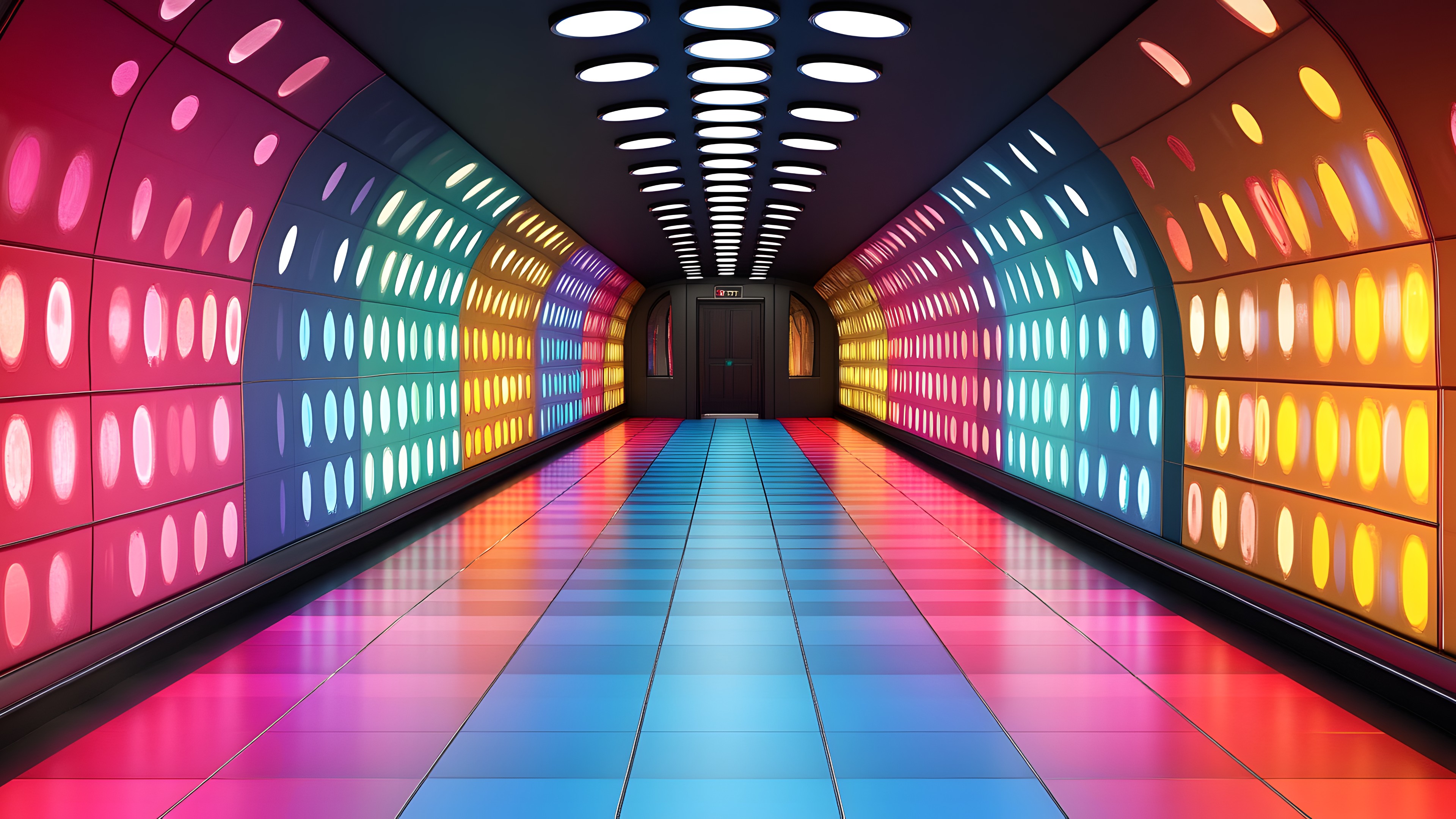 Red, Yellow, Ceiling, Symmetry, Graphics, Design, Graphic design, Subway, Cleanliness, Neon