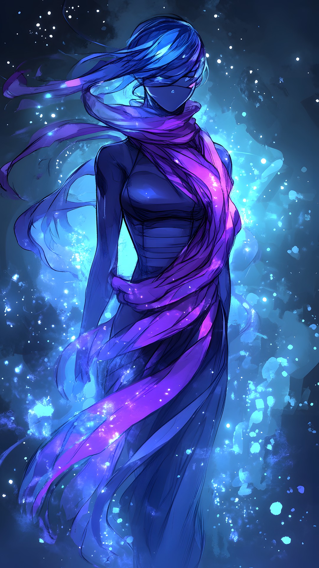 Blue, Fictional character, CG artwork, Purple, Long hair, Animation, Anime, Graphics, Fashion illustration, Costume design, Fiction